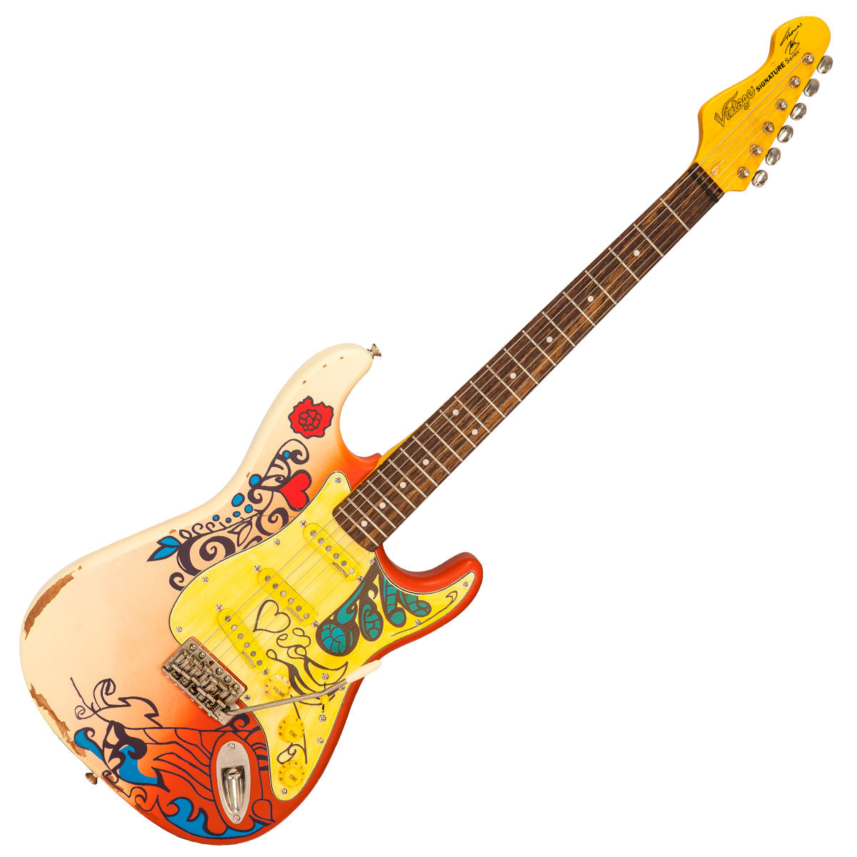 Vintage V6 Thomas Blug Signature Electric Guitar ~ 'Summer of love', for sale at Richards Guitars.