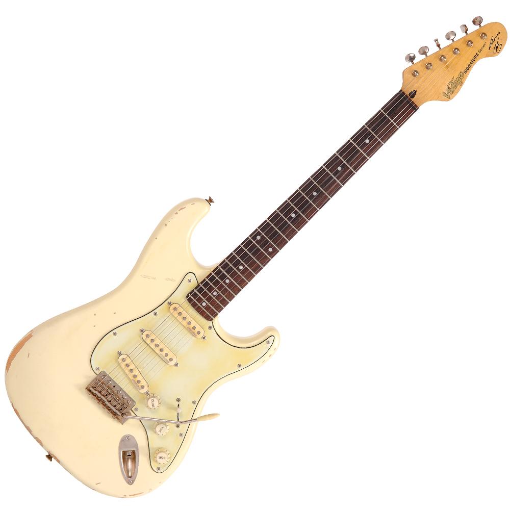 Vintage V6 Thomas Blug Signature Electric Guitar ~ Distressed Vintage White, for sale at Richards Guitars.