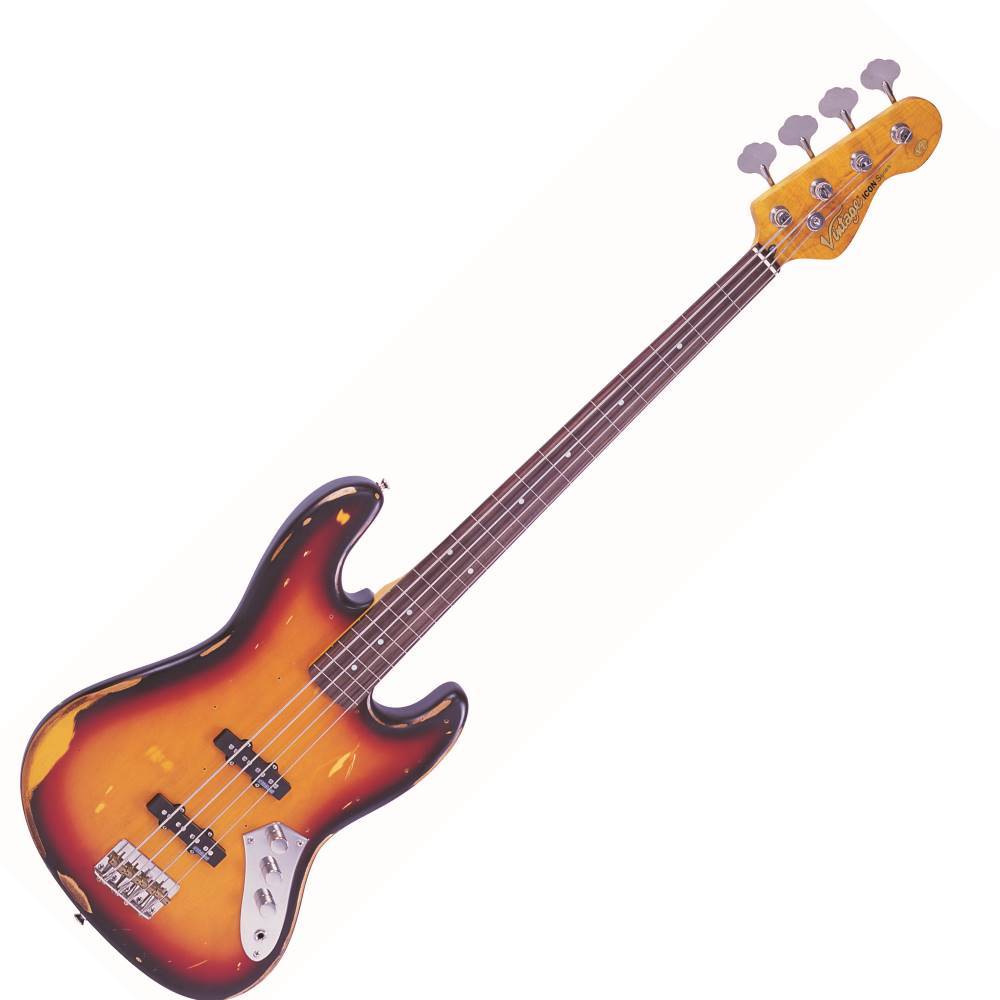 Vintage V74 ICON Fretless Bass ~ Sunset Sunburst, Bass Guitar for sale at Richards Guitars.