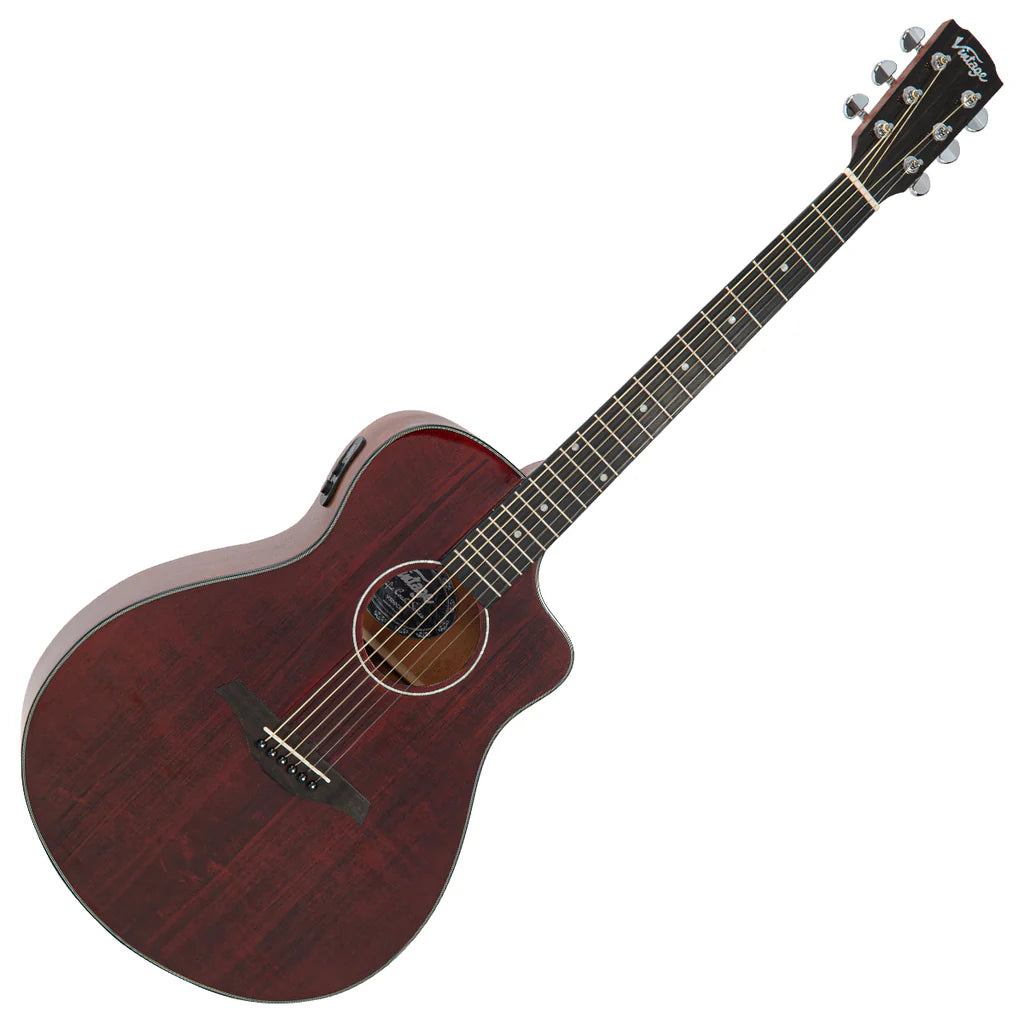 Vintage VEC300CR Pacific Coast Series Claret Red Electro-Acoustic Guitar, Electro Acoustic Guitar for sale at Richards Guitars.