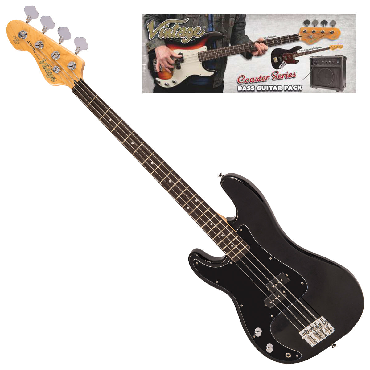 Vintage V40 Coaster Series Bass Guitar Pack ~ Left Hand Boulevard Black, for sale at Richards Guitars.