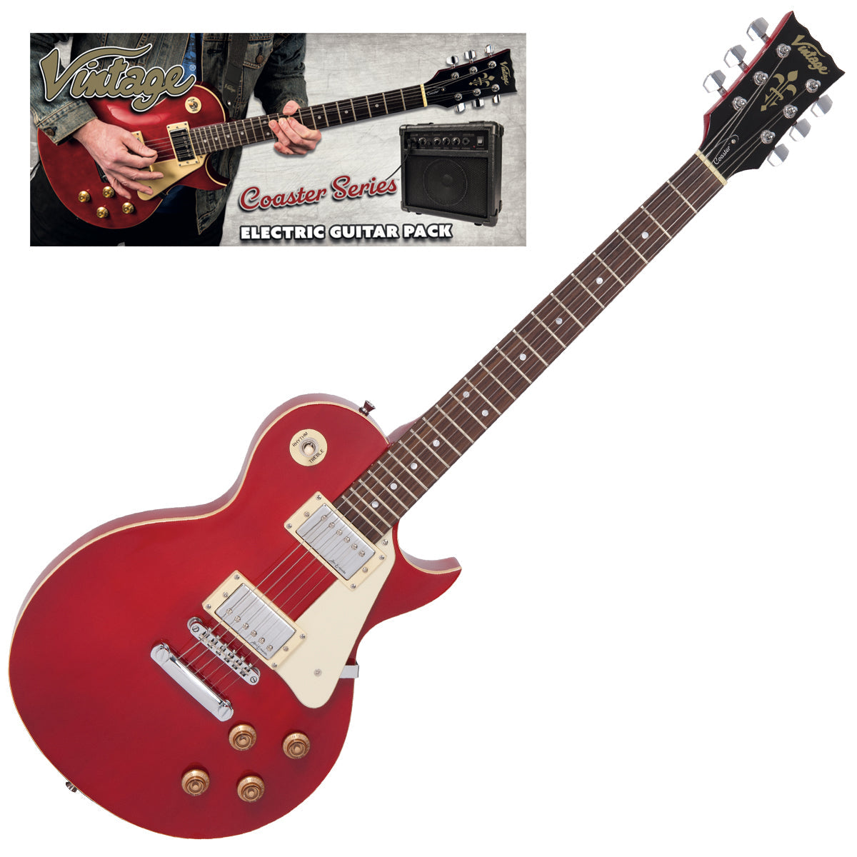 Vintage V10 Coaster Series Electric Guitar Pack ~ Wine Red, Electric Guitar for sale at Richards Guitars.