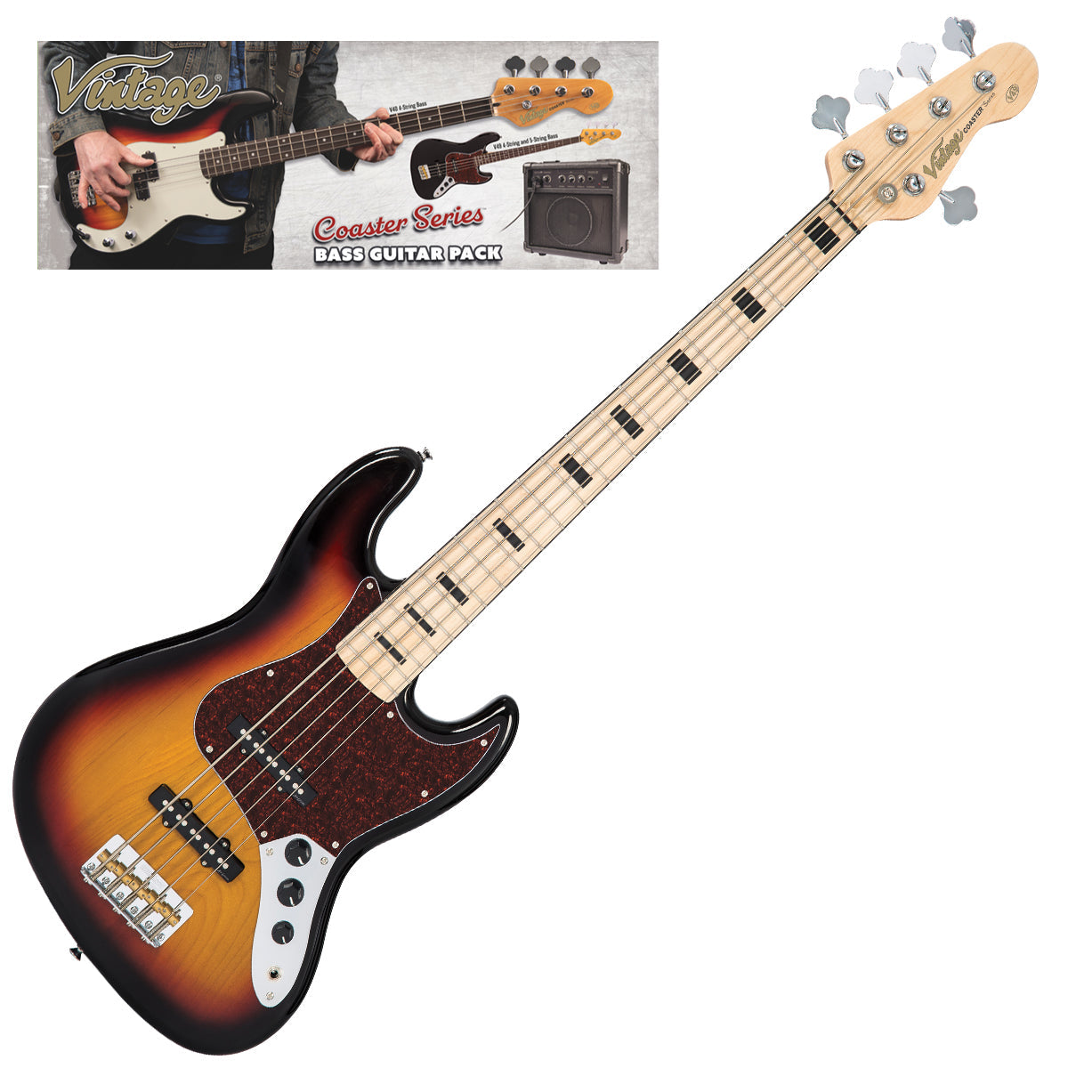 Vintage V495 Coaster Series 5-String Bass Guitar Pack ~ 3 Tone Sunburst, for sale at Richards Guitars.