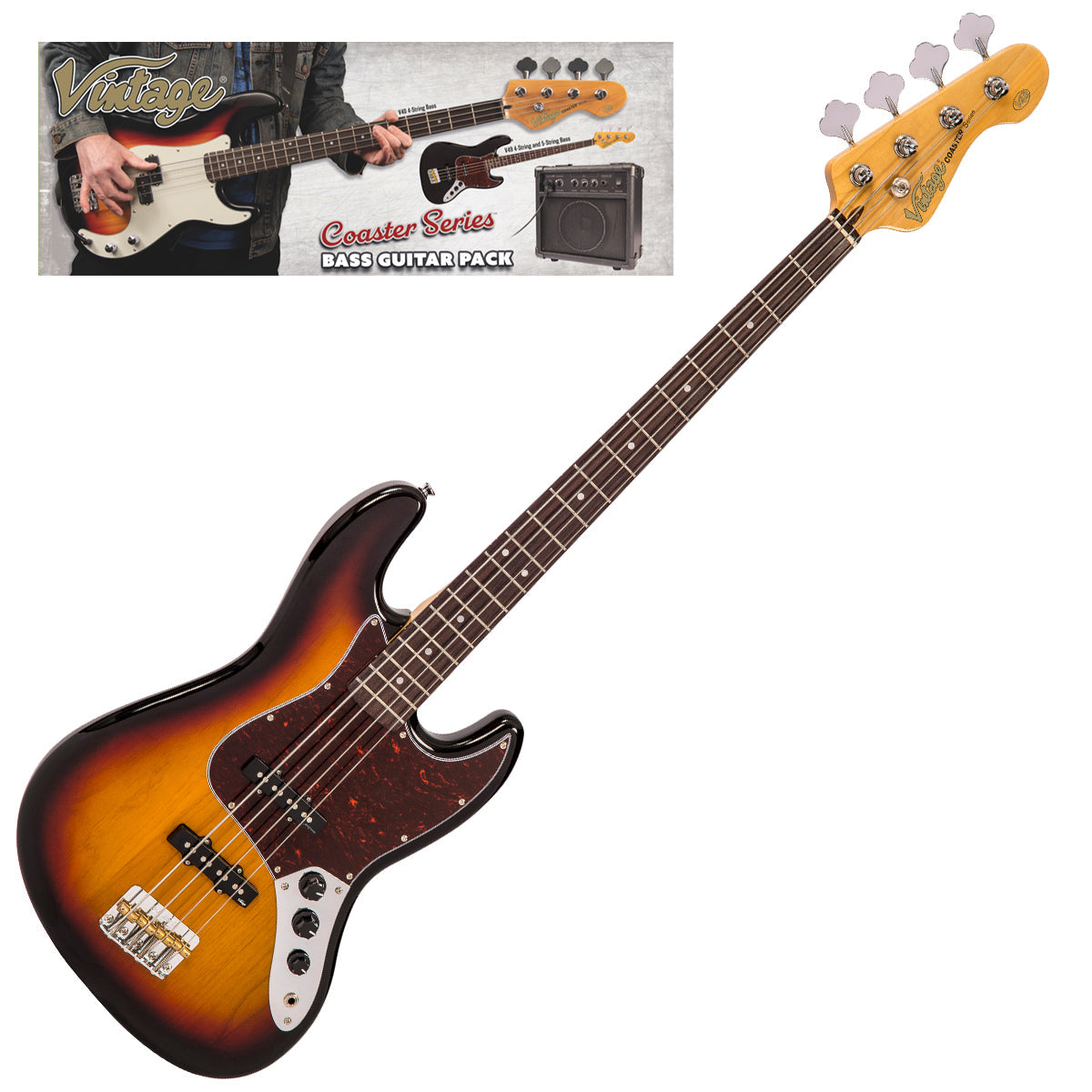 Vintage V49 Coaster Series Bass Guitar Pack ~ 3 Tone Sunburst, for sale at Richards Guitars.