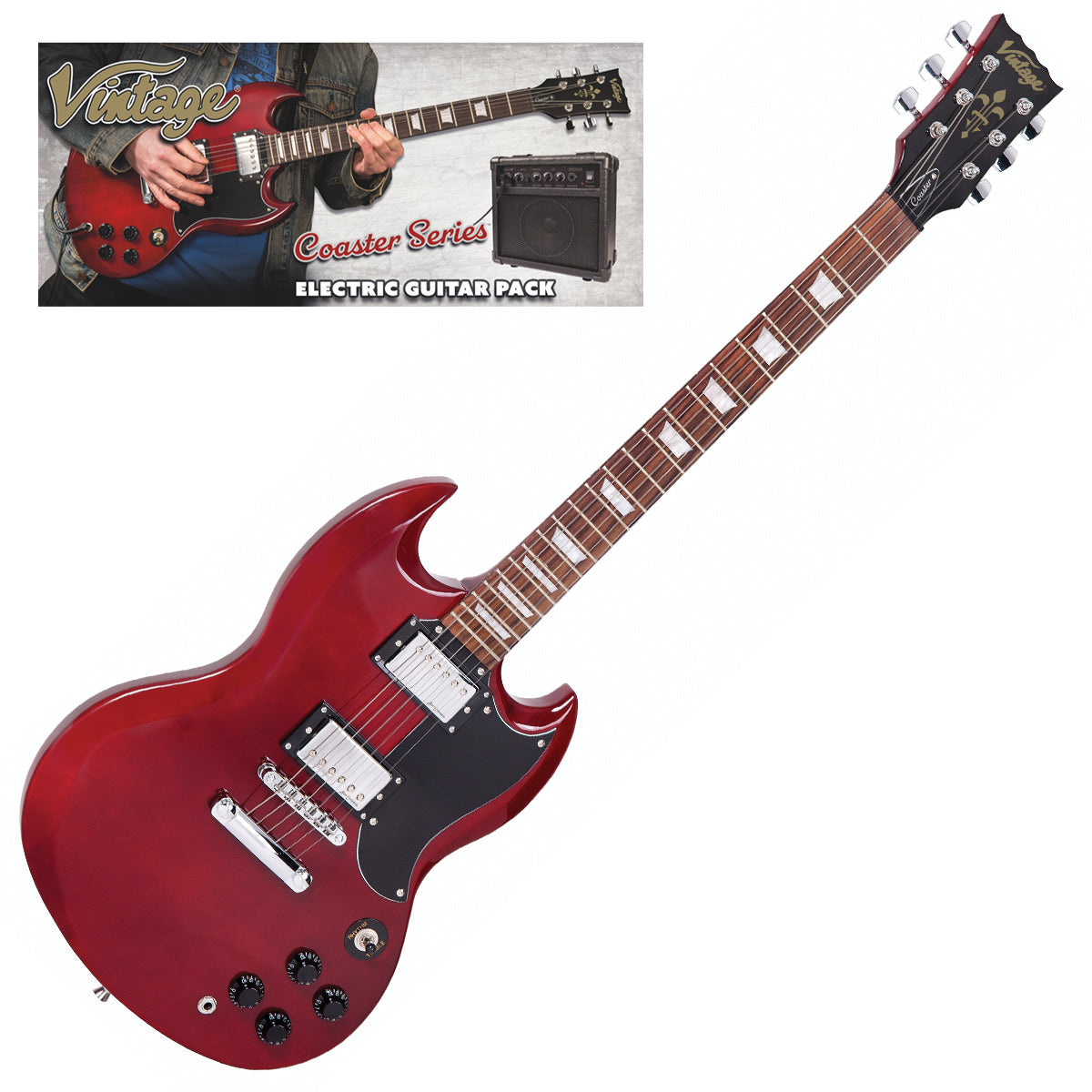 Vintage V69 Coaster Series Electric Guitar Pack ~ Cherry Red, Electric Guitar for sale at Richards Guitars.