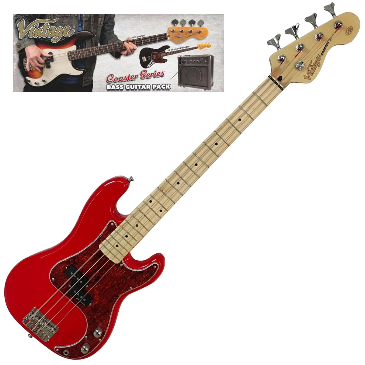 Vintage V30 Maple 7/8 Size Coaster Series Bass Guitar Pack ~ Gloss Red, Bass Guitar for sale at Richards Guitars.