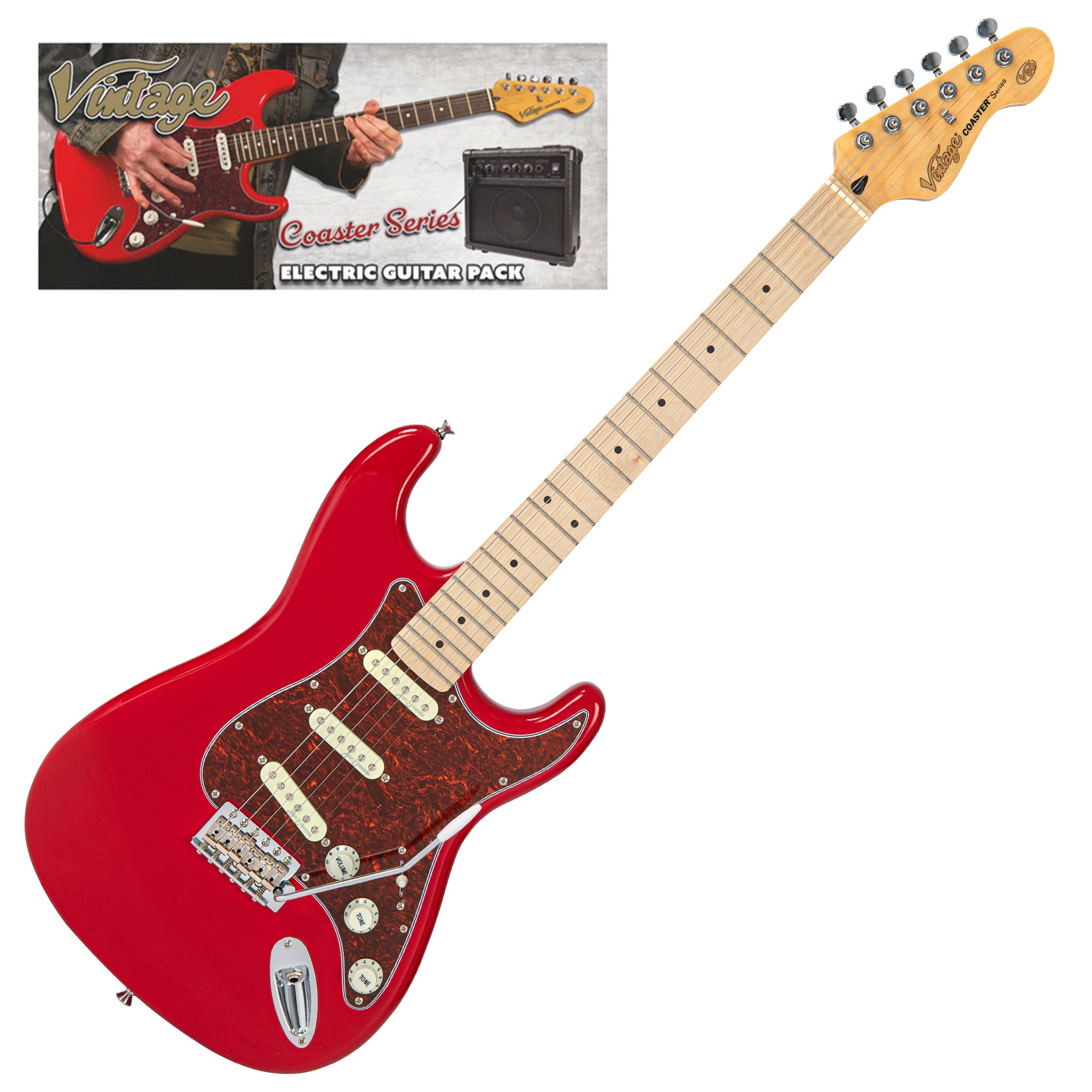 Vintage V60 Maple Coaster Series Electric Guitar Pack ~ Gloss Red, Electric Guitar for sale at Richards Guitars.