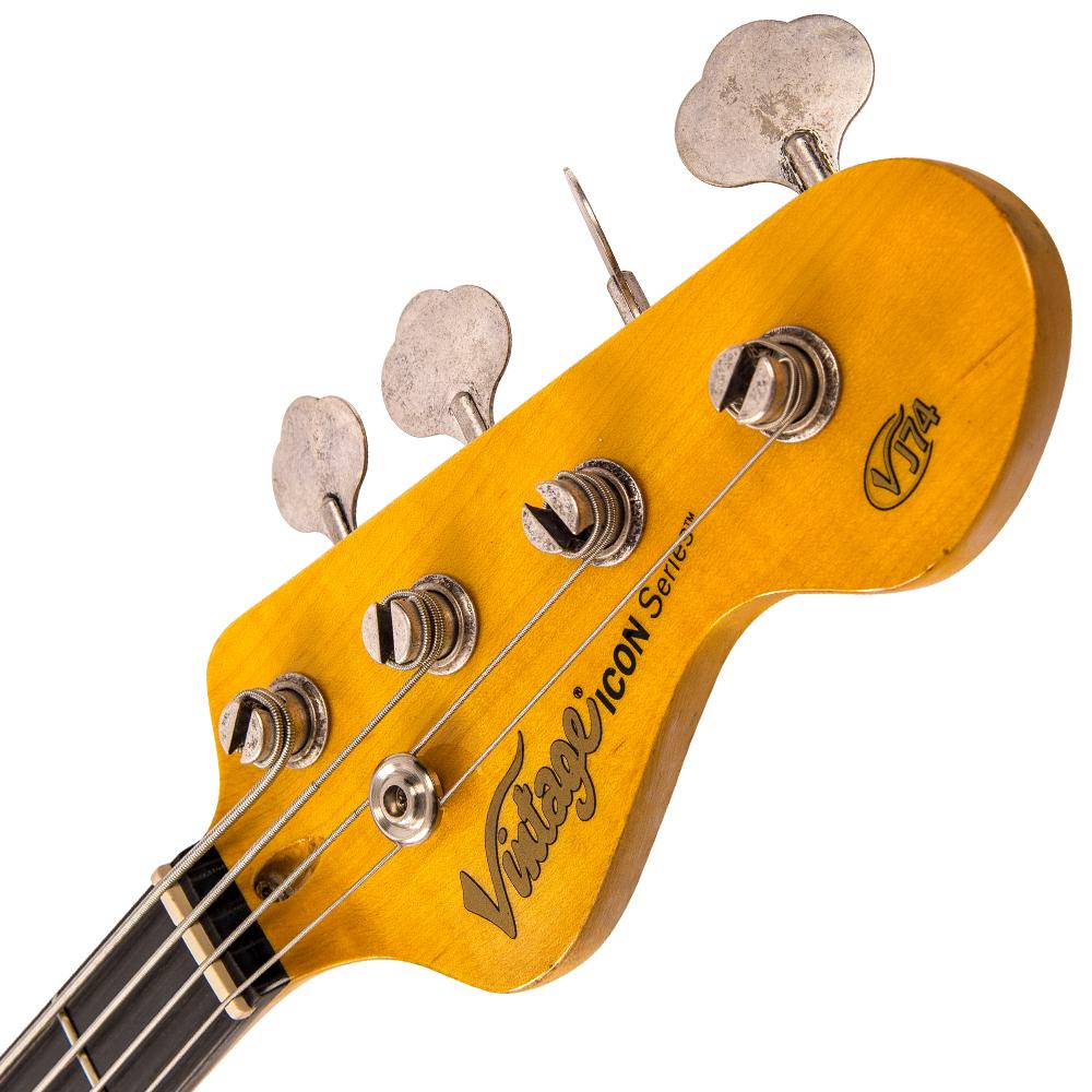 Vintage VJ74 ICON Bass ~ Distressed Sunset Sunburst, Bass Guitar for sale at Richards Guitars.