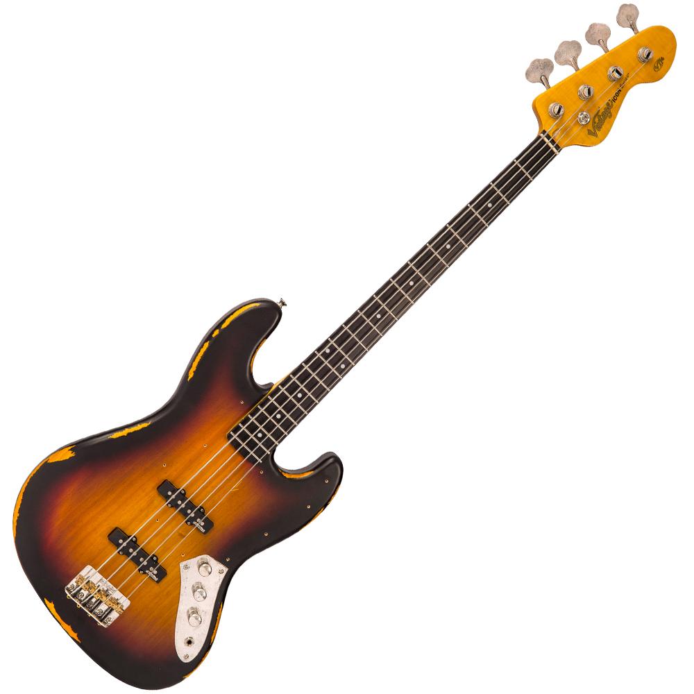 Vintage VJ74 ICON Bass ~ Distressed Sunset Sunburst, Bass Guitar for sale at Richards Guitars.