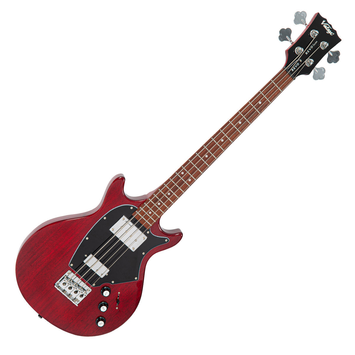 Vintage REVO Series 'Callan' Bass ~ See Thru Cherry Red  VRB70CR, Bass Guitar for sale at Richards Guitars.