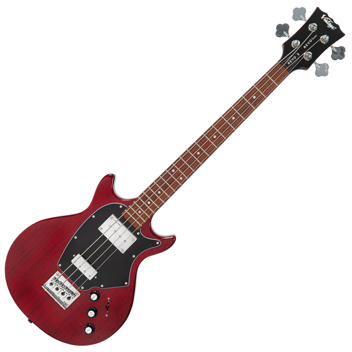 Vintage REVO Series 'Callan' Bass ~ See Thru Cherry Red  VRB70CR, Bass Guitar for sale at Richards Guitars.