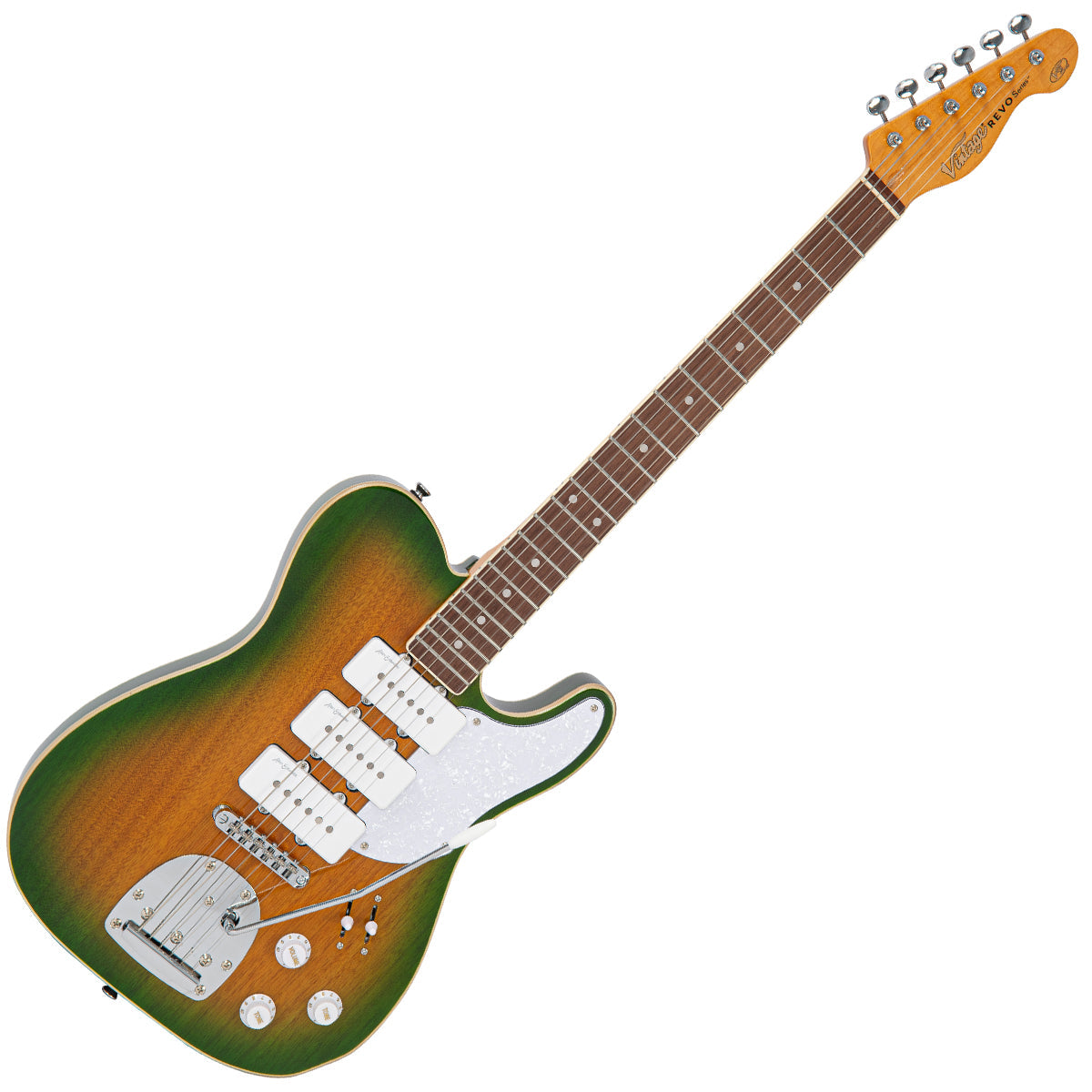 Vintage REVO Series Trio Electric Guitar ~ Green/Yellow Burst  VRBT72GY, Electric Guitar for sale at Richards Guitars.