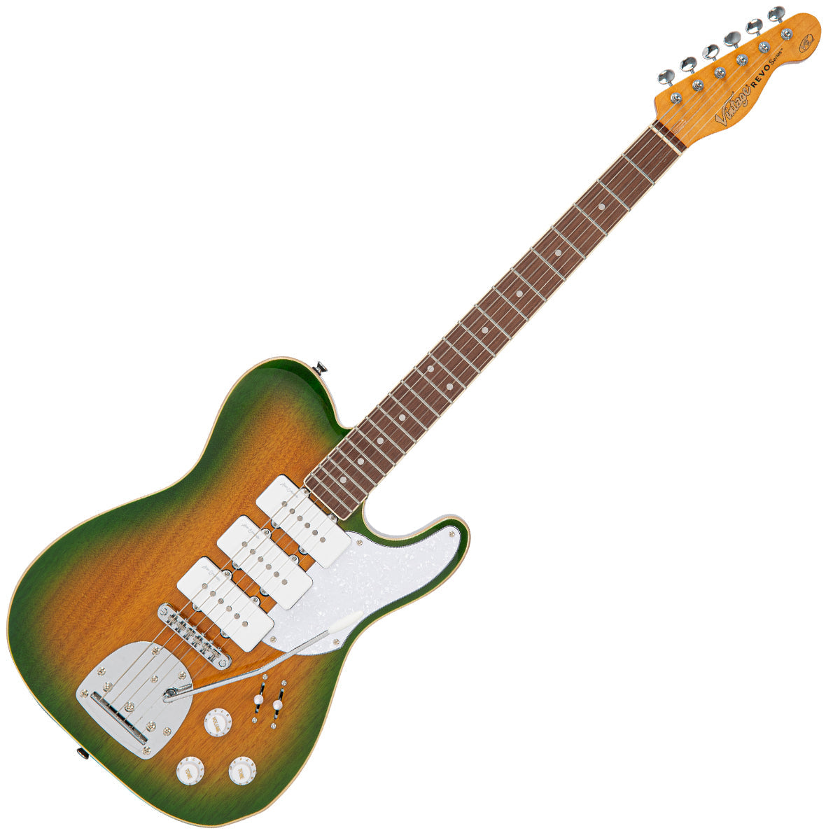 Vintage REVO Series Trio Electric Guitar ~ Green/Yellow Burst  VRBT72GY, Electric Guitar for sale at Richards Guitars.