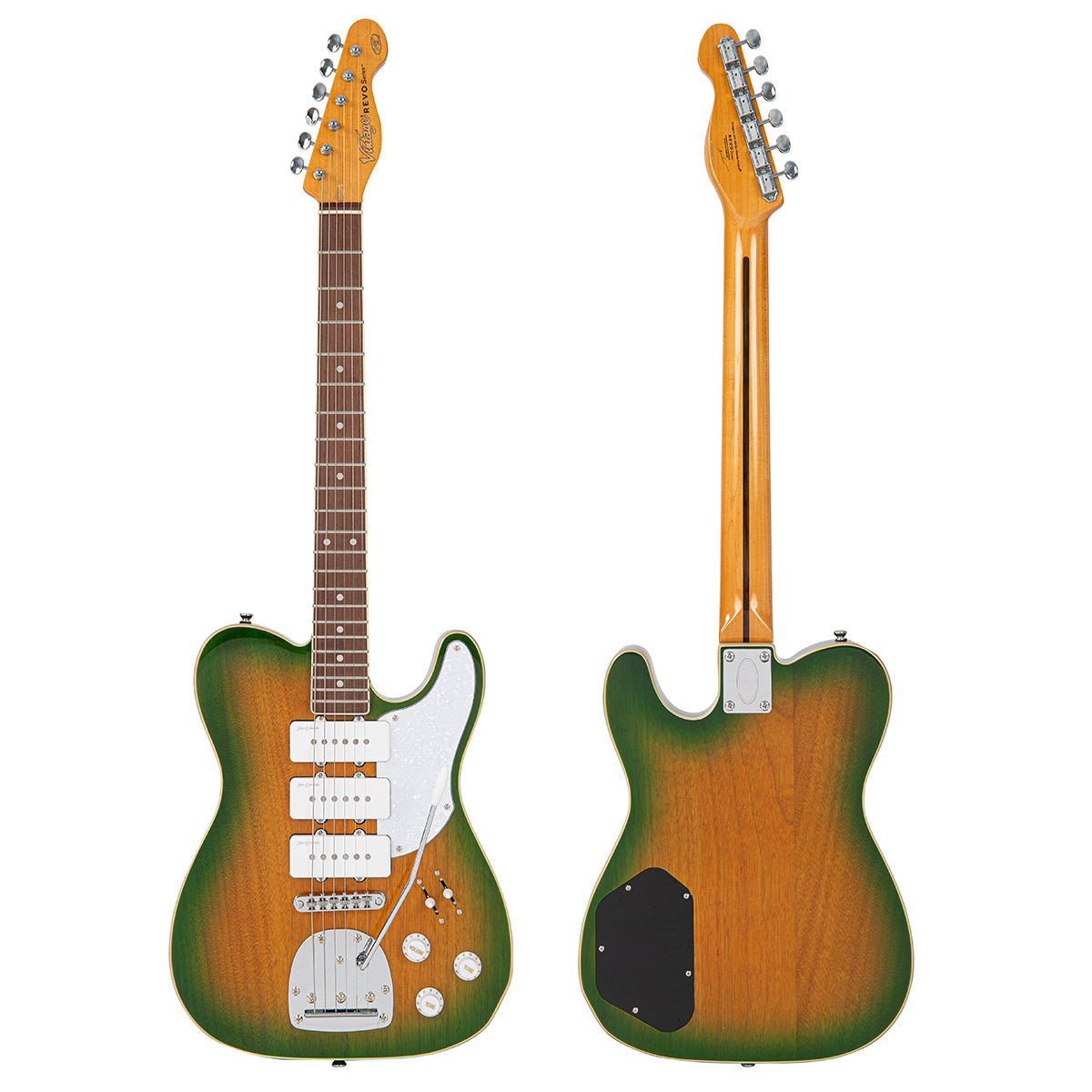 Vintage REVO Series Trio Electric Guitar ~ Green/Yellow Burst  VRBT72GY, Electric Guitar for sale at Richards Guitars.