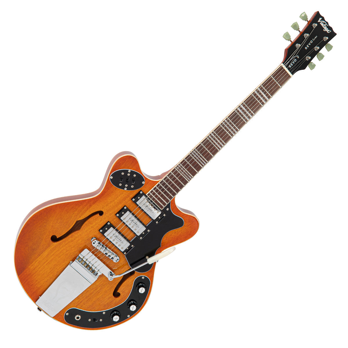 Vintage REVO Series 'Superthin' Electric Guitar ~ Amberburst  VRH300AB, Electric Guitar for sale at Richards Guitars.