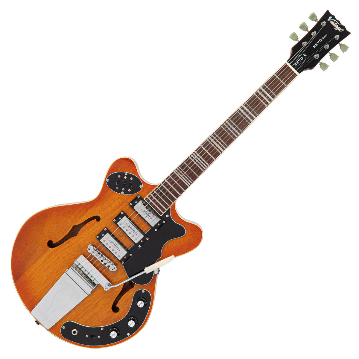 Vintage REVO Series 'Superthin' Electric Guitar ~ Amberburst  VRH300AB, Electric Guitar for sale at Richards Guitars.