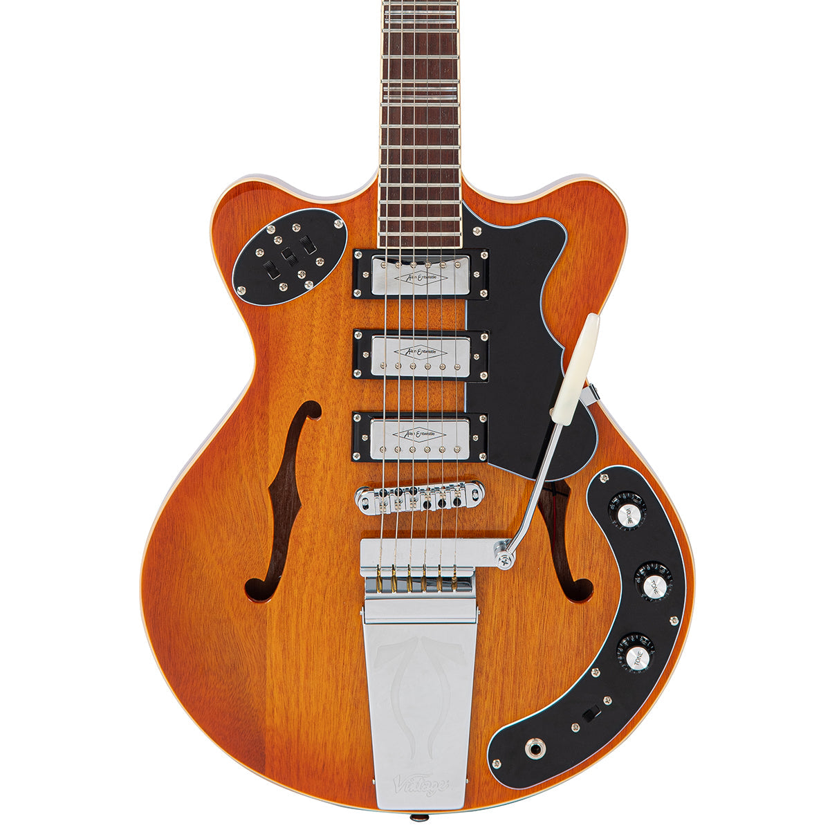 Vintage REVO Series 'Superthin' Electric Guitar ~ Amberburst  VRH300AB, Electric Guitar for sale at Richards Guitars.