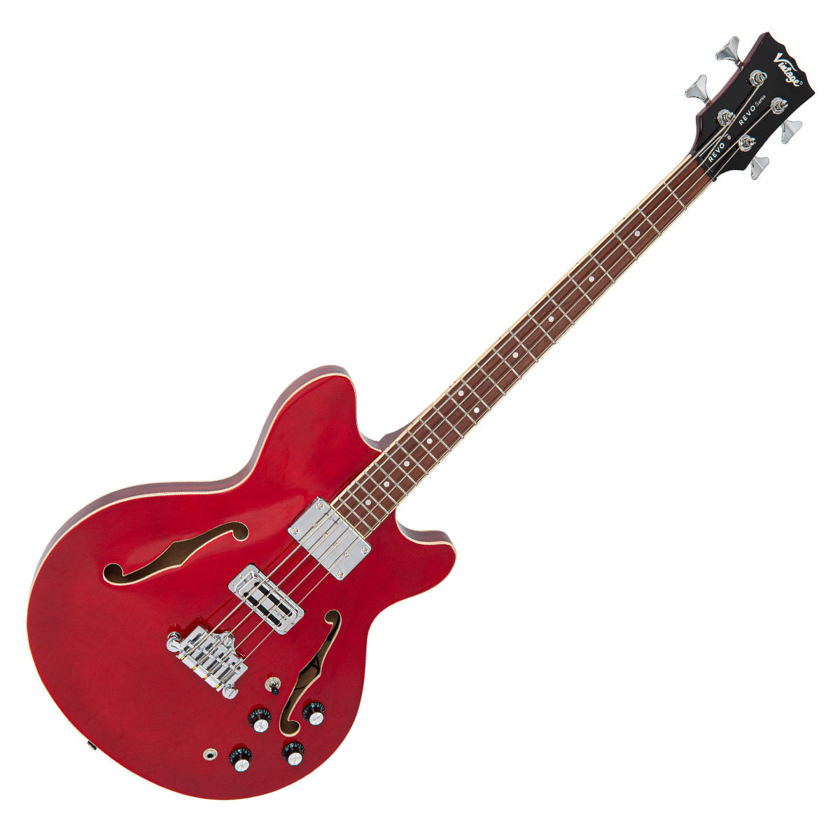 Vintage REVO Series 'Supreme' Semi Acoustic Bass ~ Cherry Red, Bass Guitar for sale at Richards Guitars.