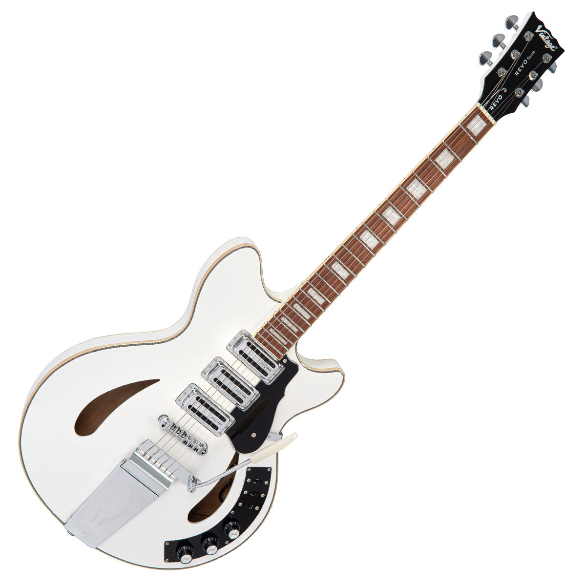 Vintage REVO Series 'Custom Supreme' Semi-Acoustic Guitar ~ Arctic White  VRS550AW, Electric Guitar for sale at Richards Guitars.