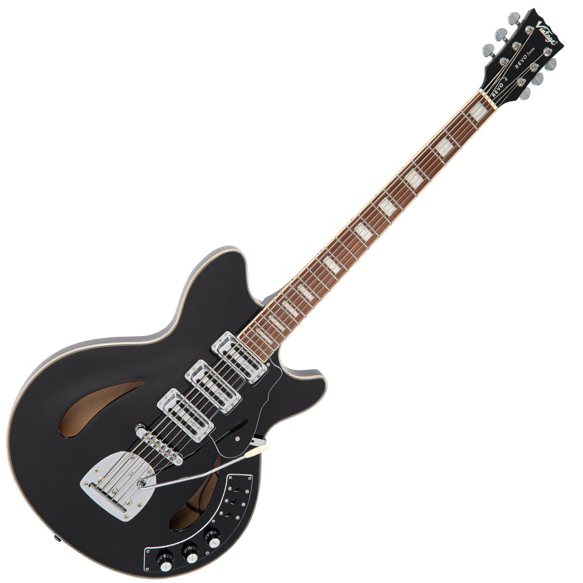 Vintage REVO Series 'Custom Supreme Baritone VI' Semi-Acoustic Guitar ~ Boulevard Black  VRS650BK, Electric Guitar for sale at Richards Guitars.