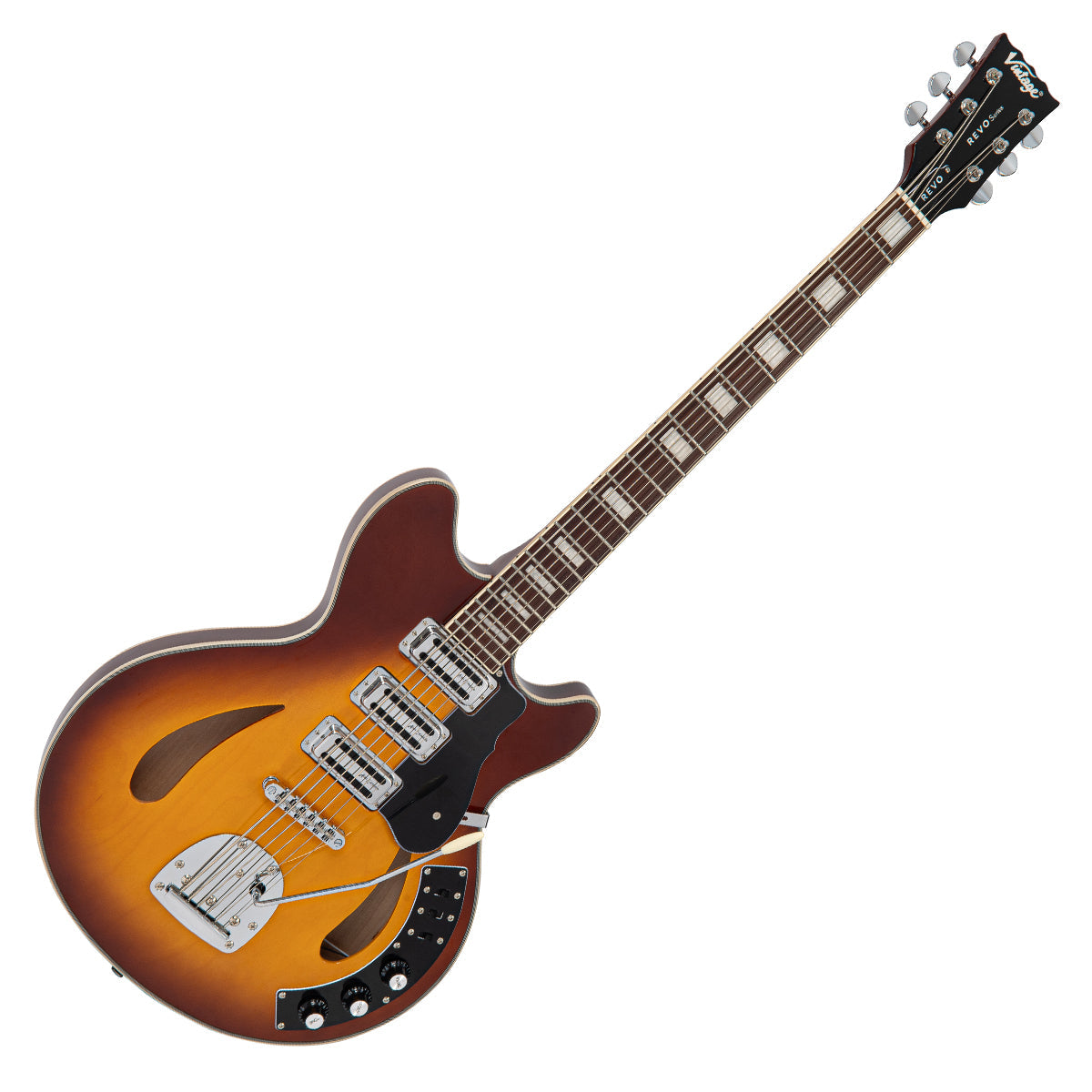 Vintage REVO Series 'Custom Supreme Baritone VI' Semi-Acoustic Guitar ~ Tobacco Sunburst  VRS650TSB, Electric Guitar for sale at Richards Guitars.