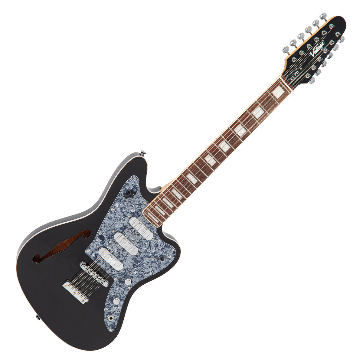 Vintage REVO Series 'Surfmaster Thinline 12' Electric Guitar ~ Boulevard Black  VRST6512BK, Electric Guitar for sale at Richards Guitars.