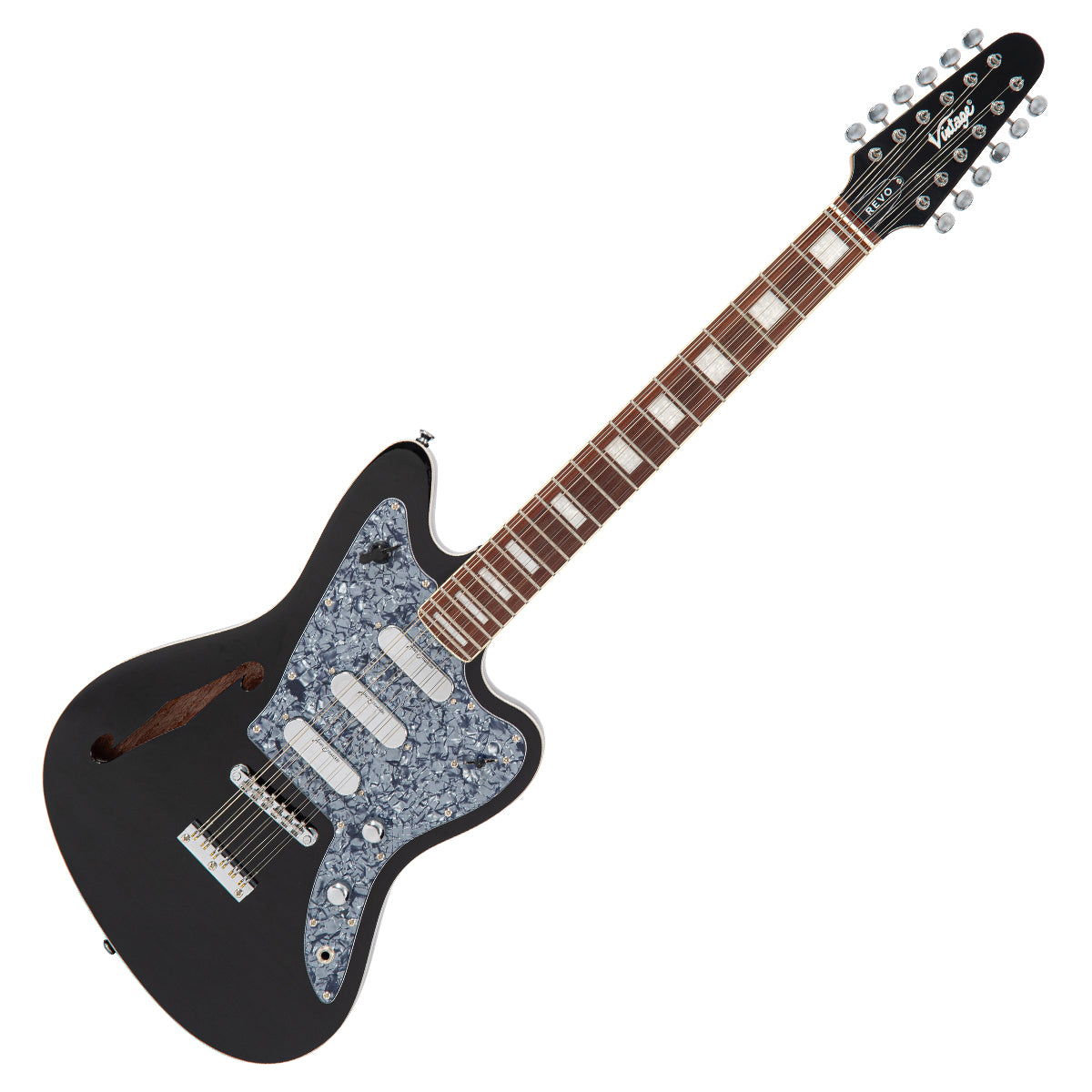 Vintage REVO Series 'Surfmaster Thinline 12' Electric Guitar ~ Boulevard Black  VRST6512BK, Electric Guitar for sale at Richards Guitars.