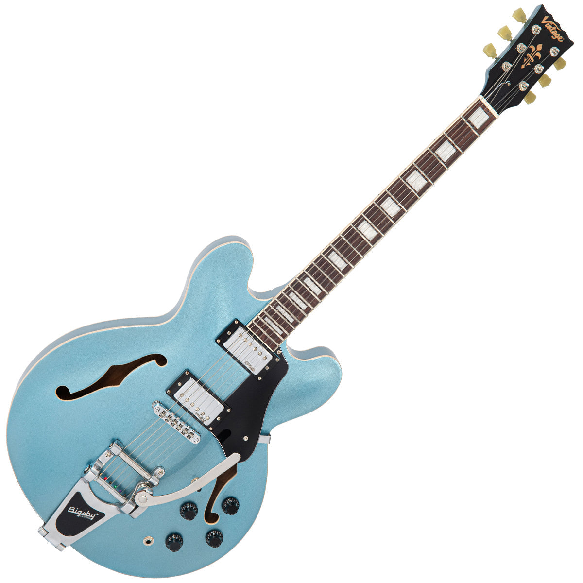 Vintage VSA500B ReIssued Semi Acoustic Guitar w/Bigsby ~ Gun Hill Blue, Electric Guitar for sale at Richards Guitars.