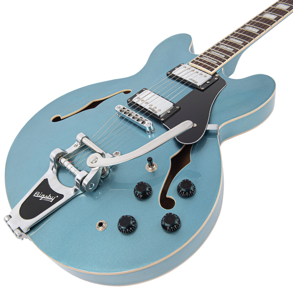 Vintage VSA500B ReIssued Semi Acoustic Guitar w/Bigsby ~ Gun Hill Blue, Electric Guitar for sale at Richards Guitars.