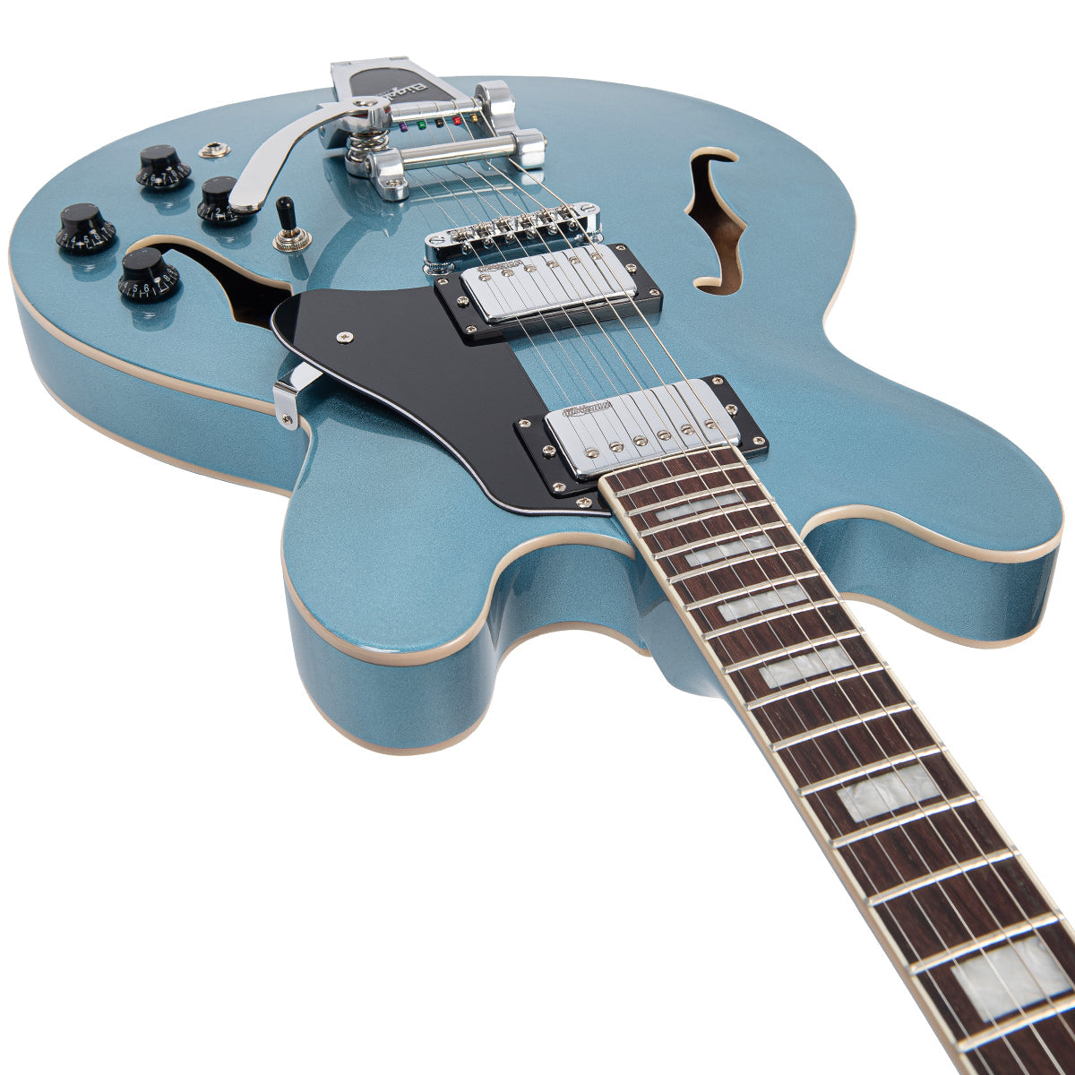 Vintage VSA500B ReIssued Semi Acoustic Guitar w/Bigsby ~ Gun Hill Blue, Electric Guitar for sale at Richards Guitars.