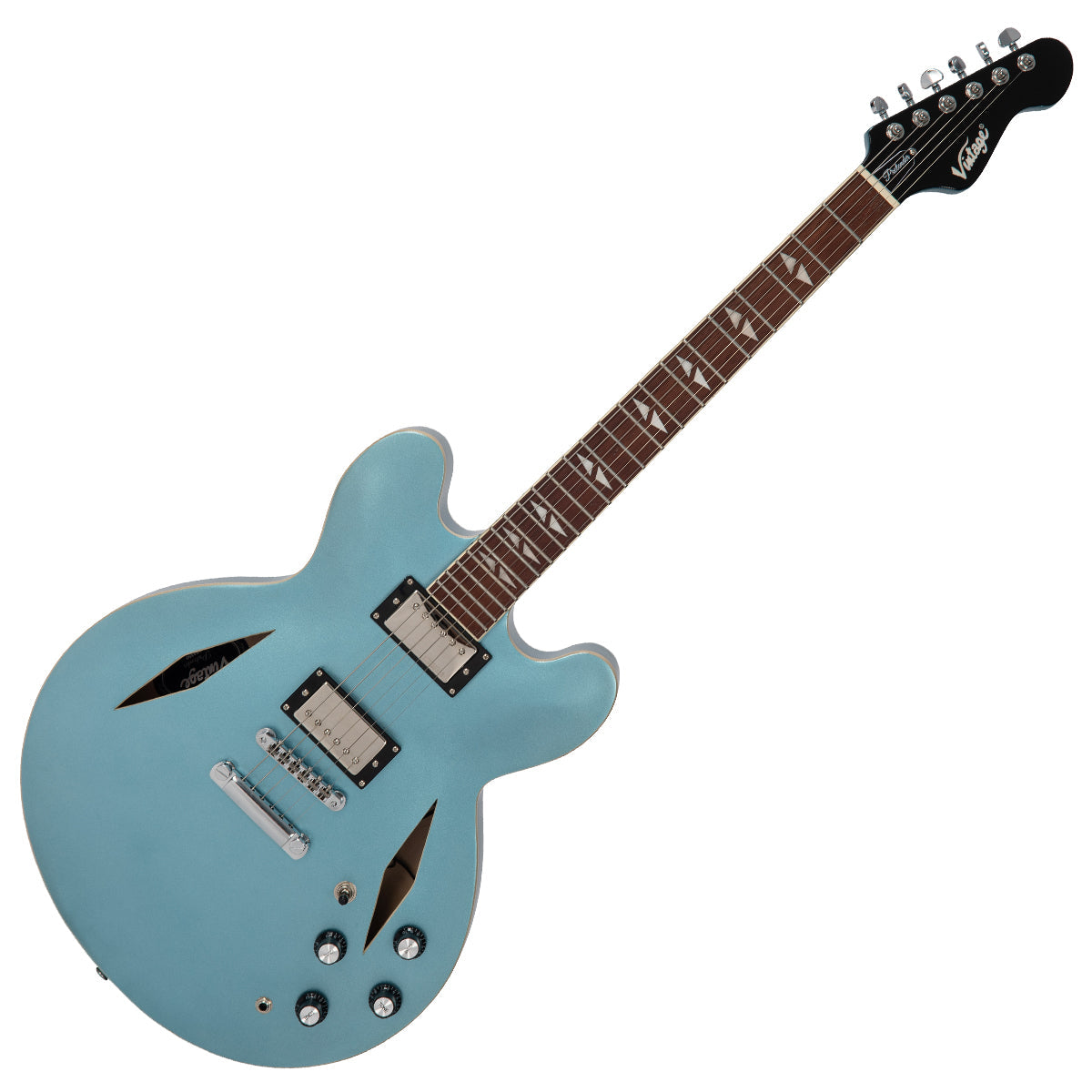 Vintage VSA550 ReIssued Semi Acoustic Guitar ~ Gun Hill Blue, Electric Guitar for sale at Richards Guitars.