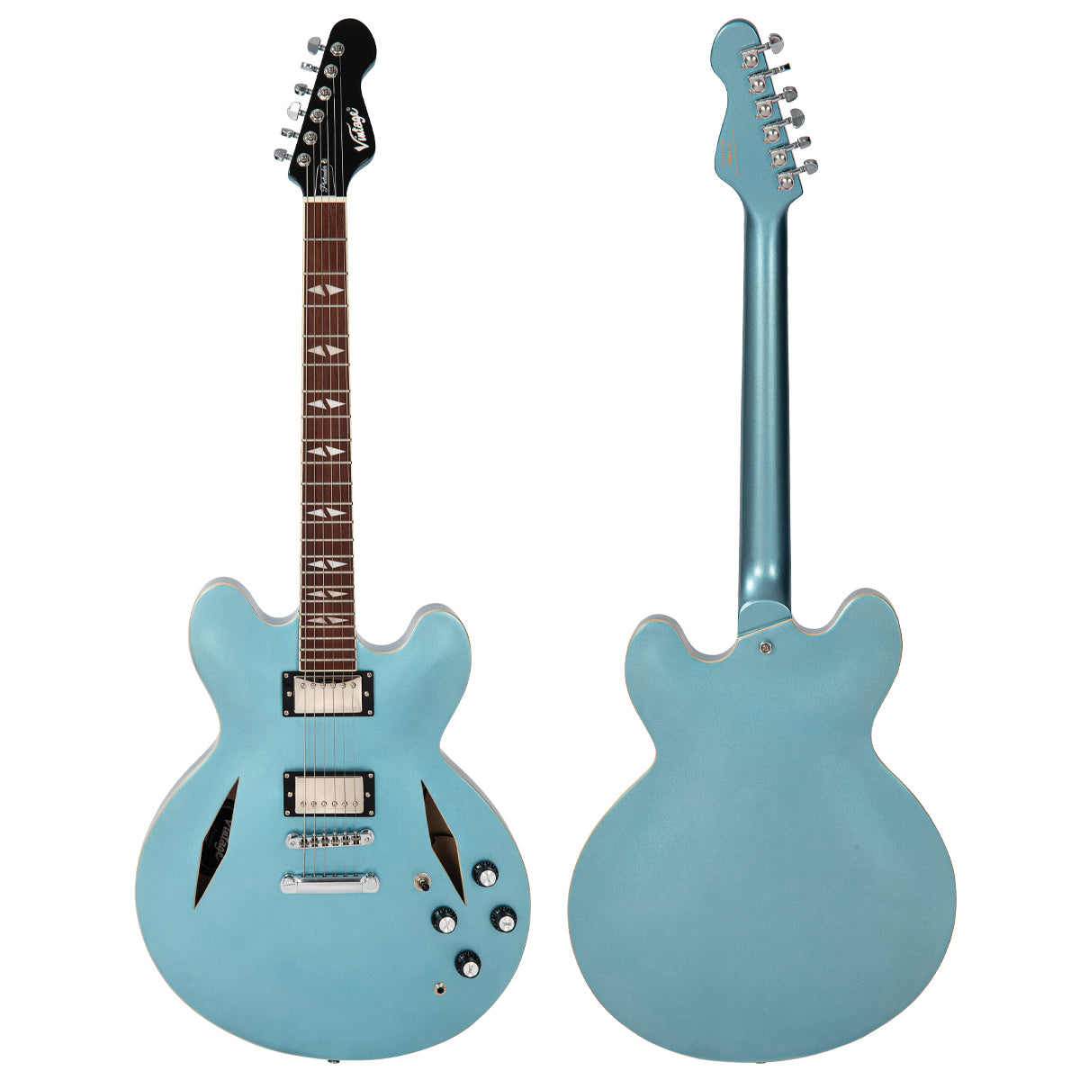 Vintage VSA550 ReIssued Semi Acoustic Guitar ~ Gun Hill Blue, Electric Guitar for sale at Richards Guitars.