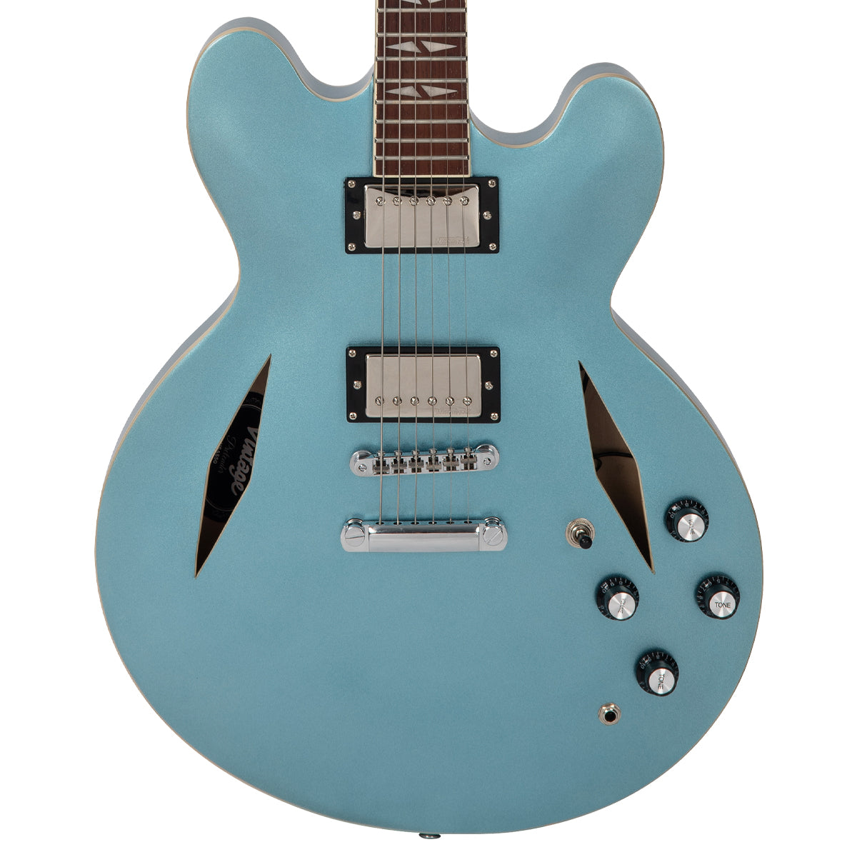 Vintage VSA550 ReIssued Semi Acoustic Guitar ~ Gun Hill Blue, Electric Guitar for sale at Richards Guitars.