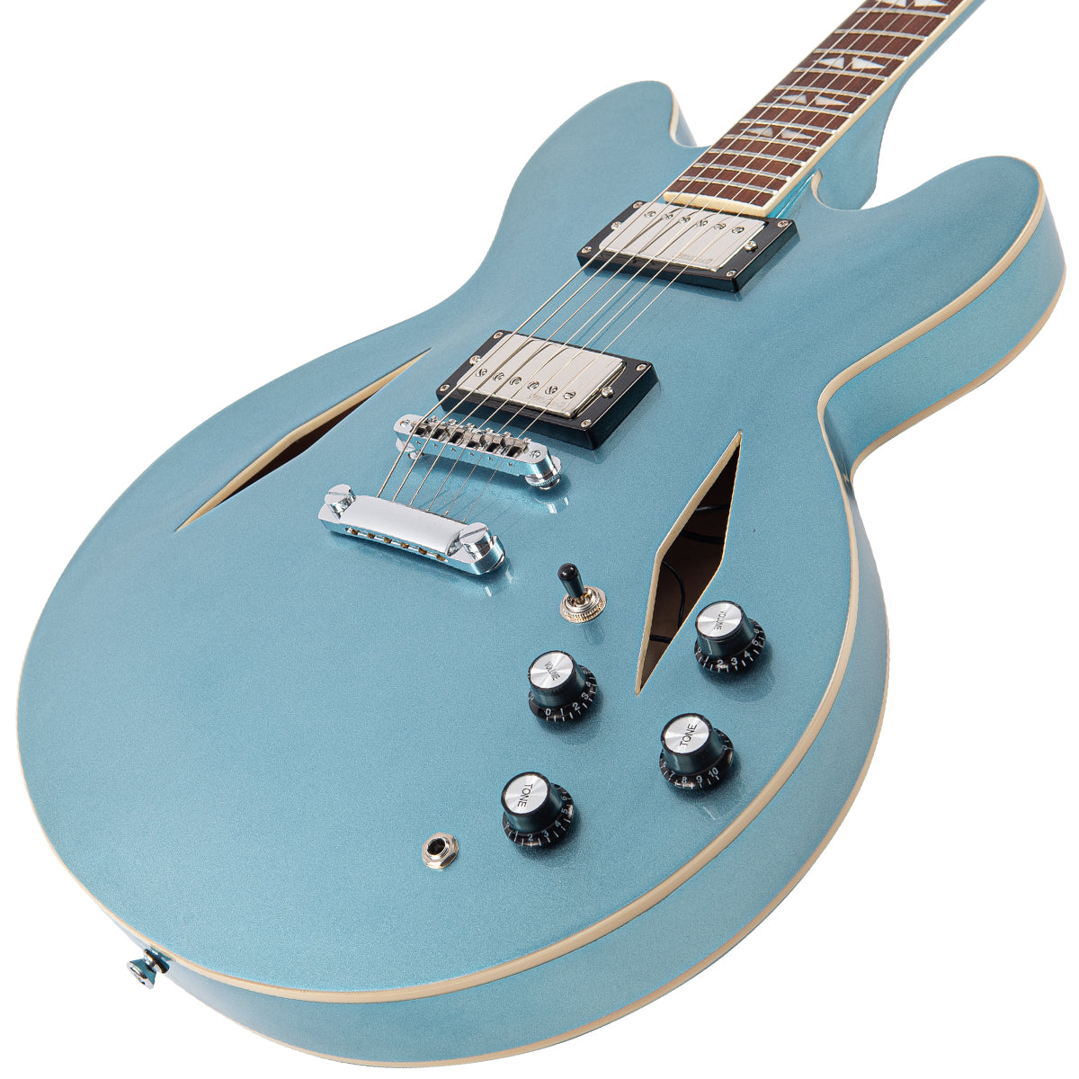 Vintage VSA550 ReIssued Semi Acoustic Guitar ~ Gun Hill Blue, Electric Guitar for sale at Richards Guitars.