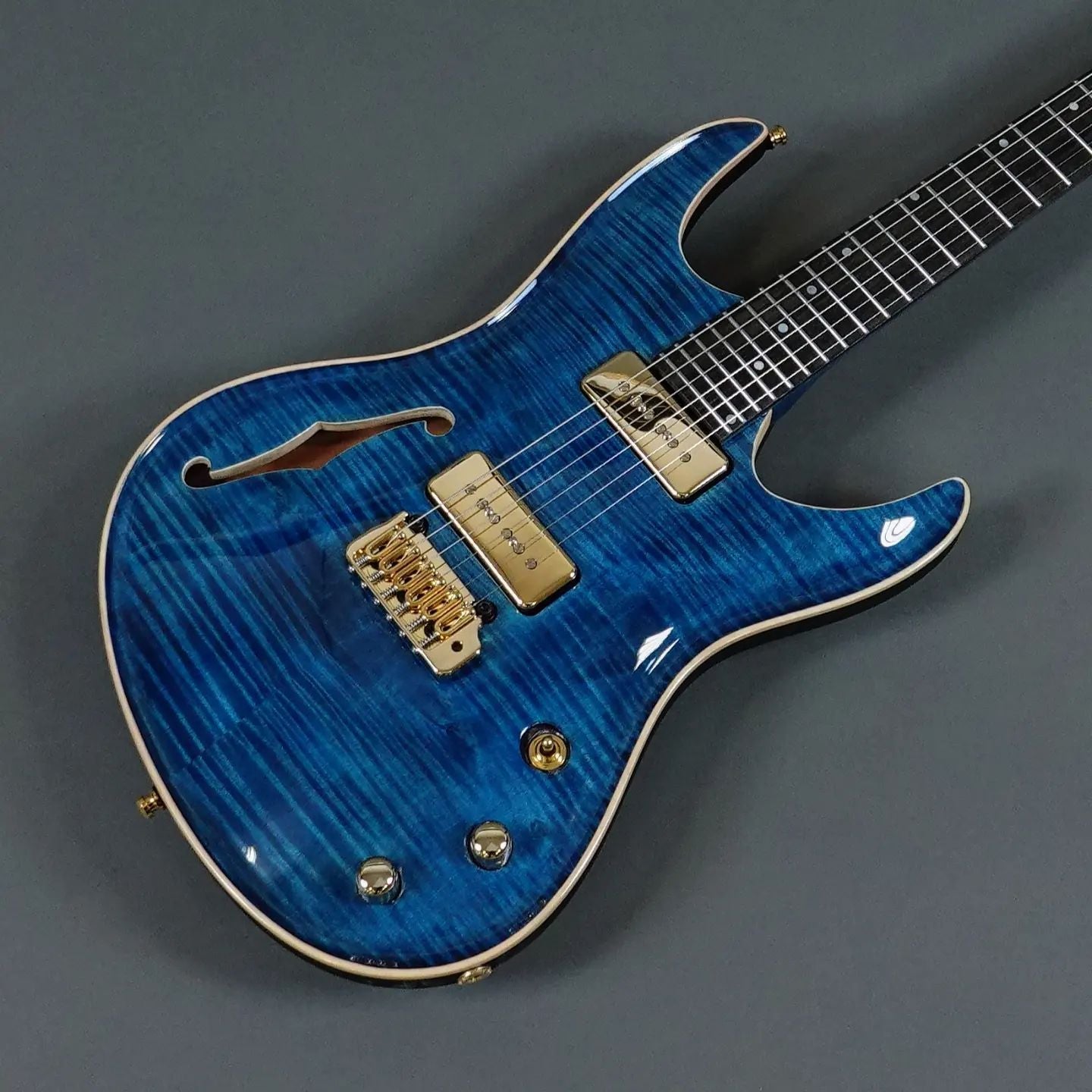 Valenti Nebula Carved Semi Hollow P90 Dark Blue, Electric Guitar for sale at Richards Guitars.