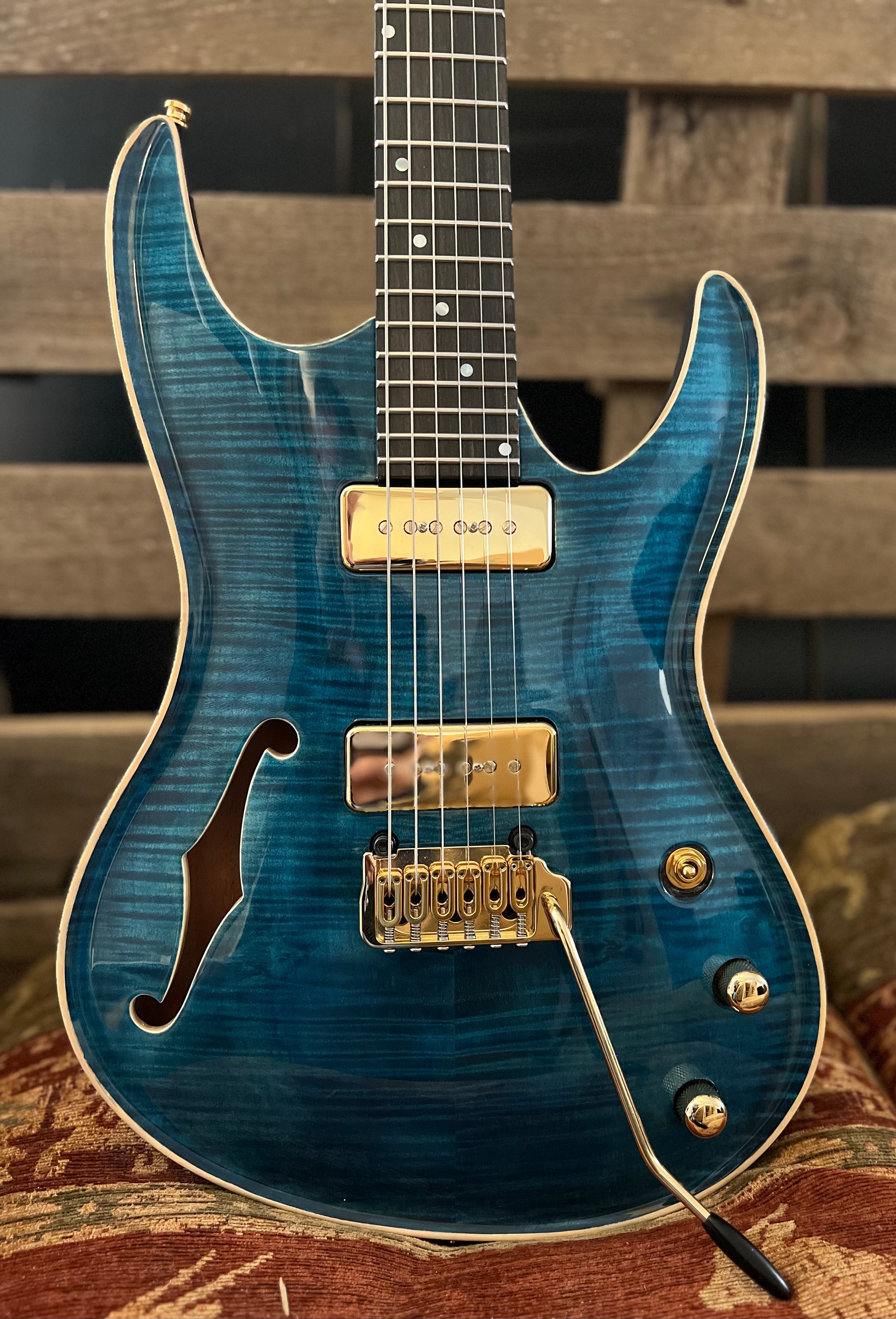 Valenti Nebula Carved Semi Hollow P90 Dark Blue, Electric Guitar for sale at Richards Guitars.