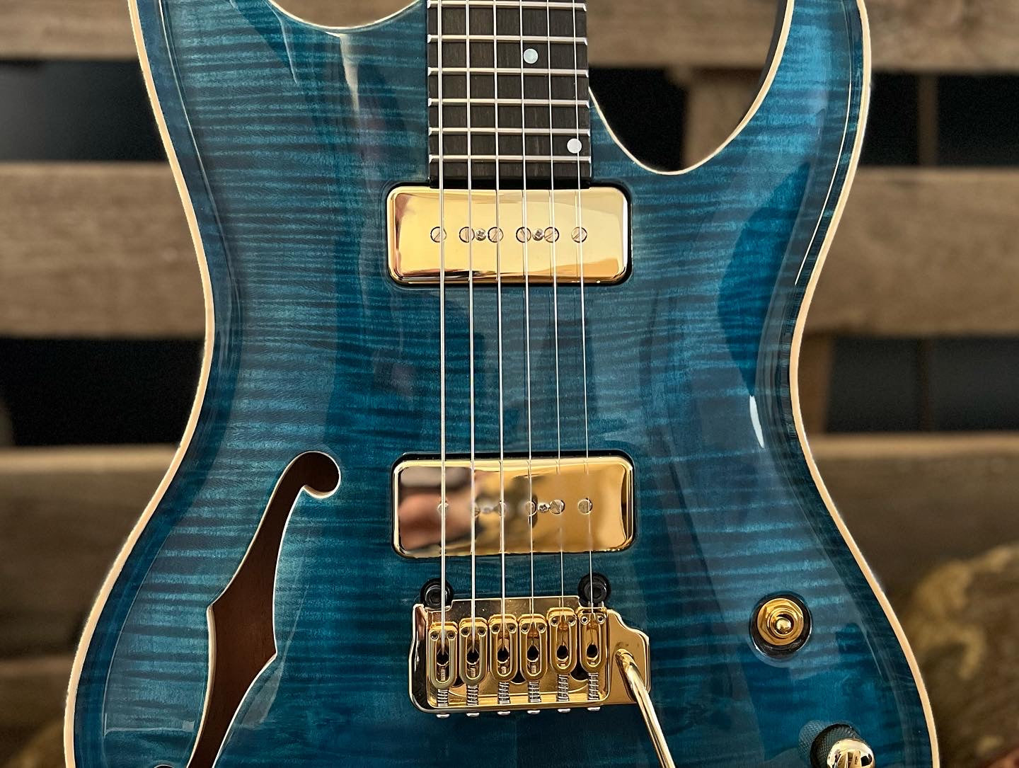 Valenti Nebula Carved Semi Hollow P90 Dark Blue, Electric Guitar for sale at Richards Guitars.