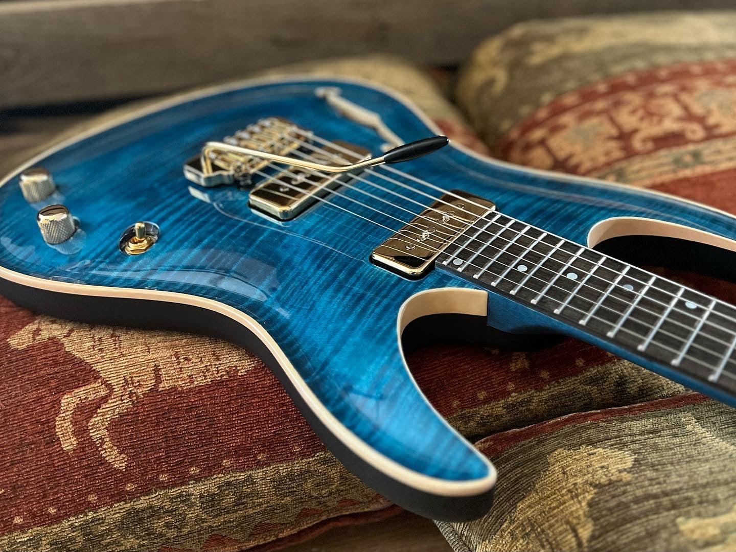 Valenti Nebula Carved Semi Hollow P90 Dark Blue, Electric Guitar for sale at Richards Guitars.