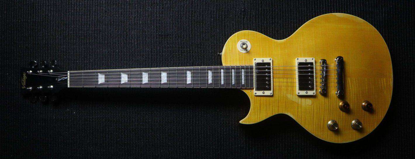 Vintage LV100MRPGM Left Hand Distressed 'Lemon Drop' with Distressed Finish, Electric Guitar for sale at Richards Guitars.