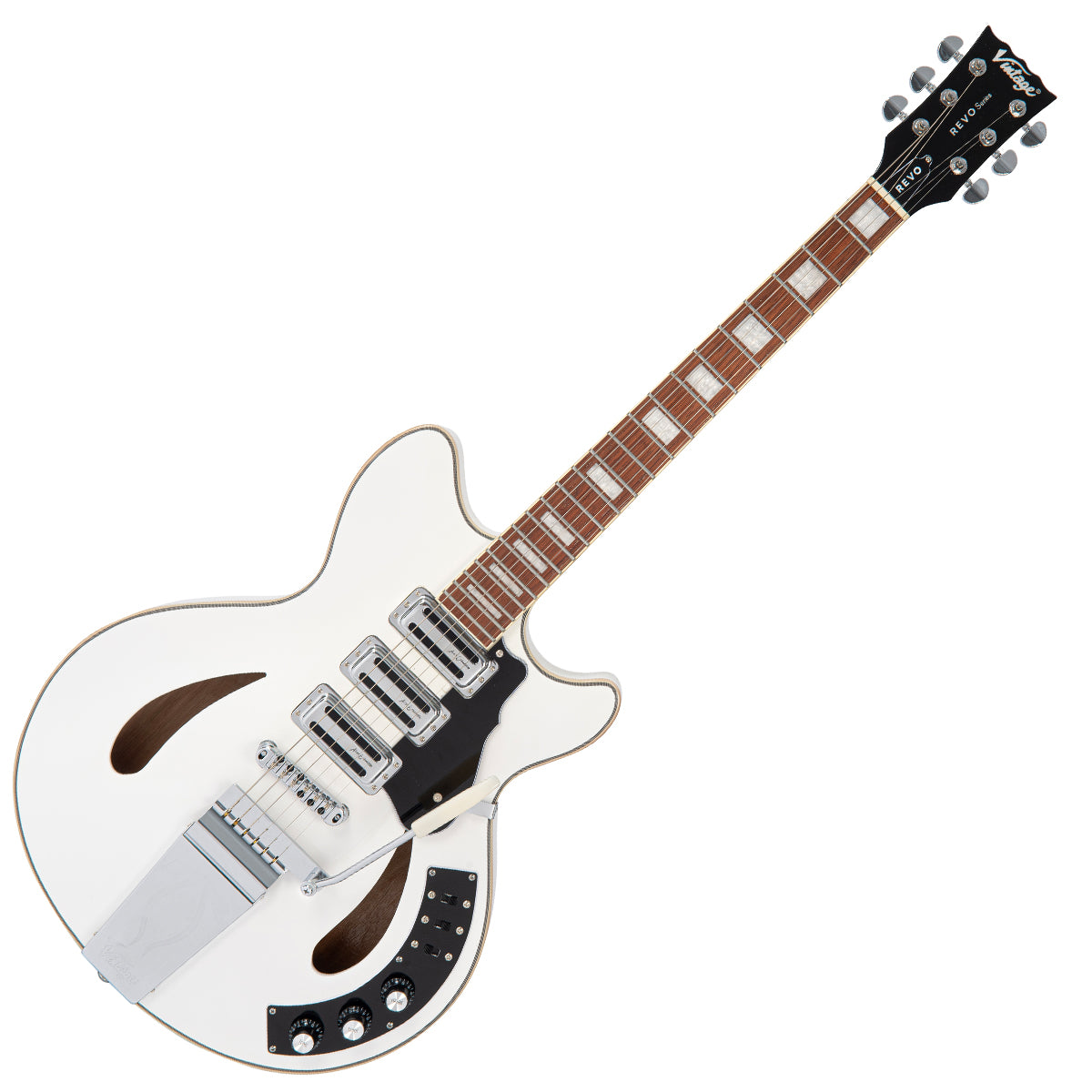 Vintage REVO Series 'Custom Supreme' Semi-Acoustic Guitar ~ Arctic White VRS550AW, Electric Guitar for sale at Richards Guitars.