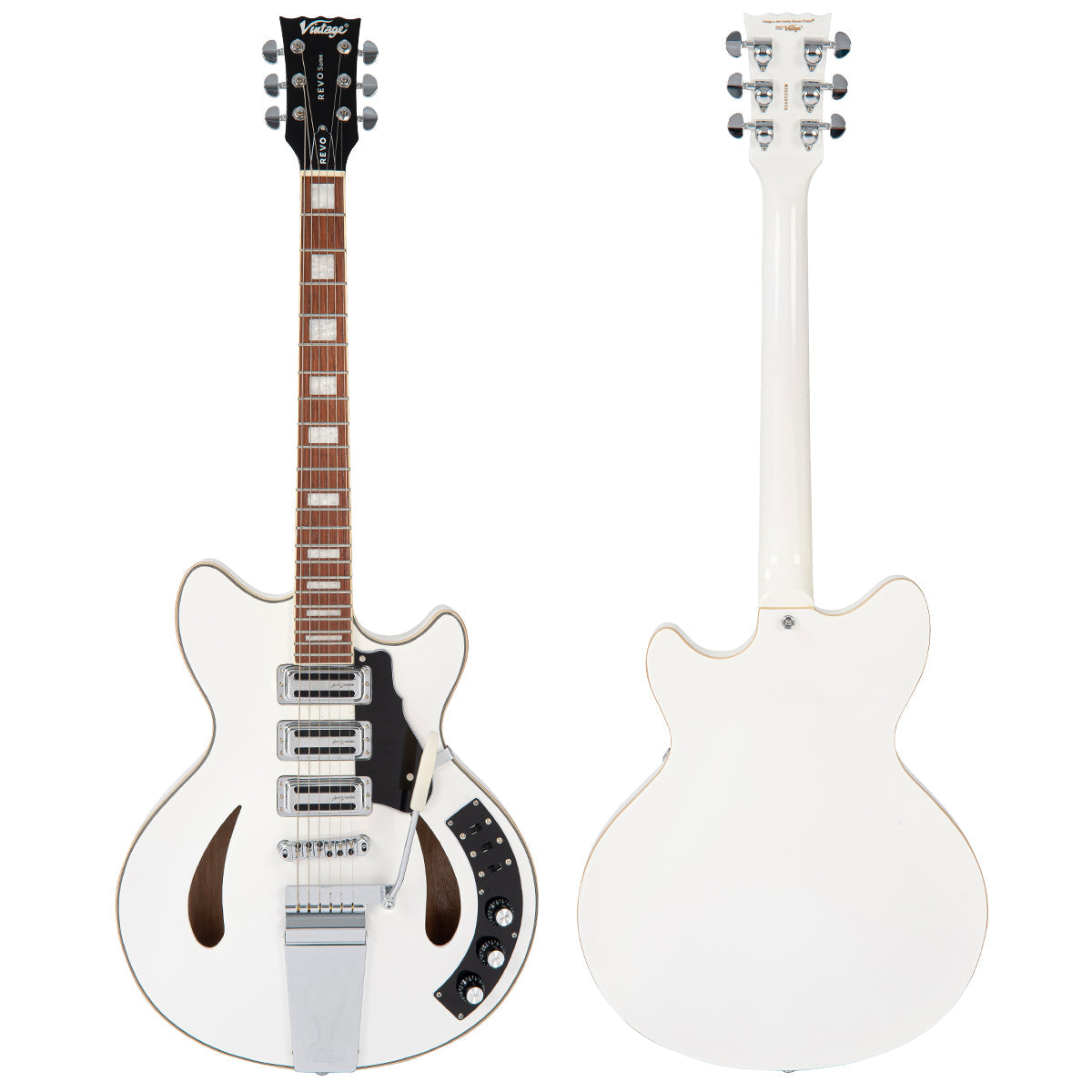 Vintage REVO Series 'Custom Supreme' Semi-Acoustic Guitar ~ Arctic White VRS550AW, Electric Guitar for sale at Richards Guitars.