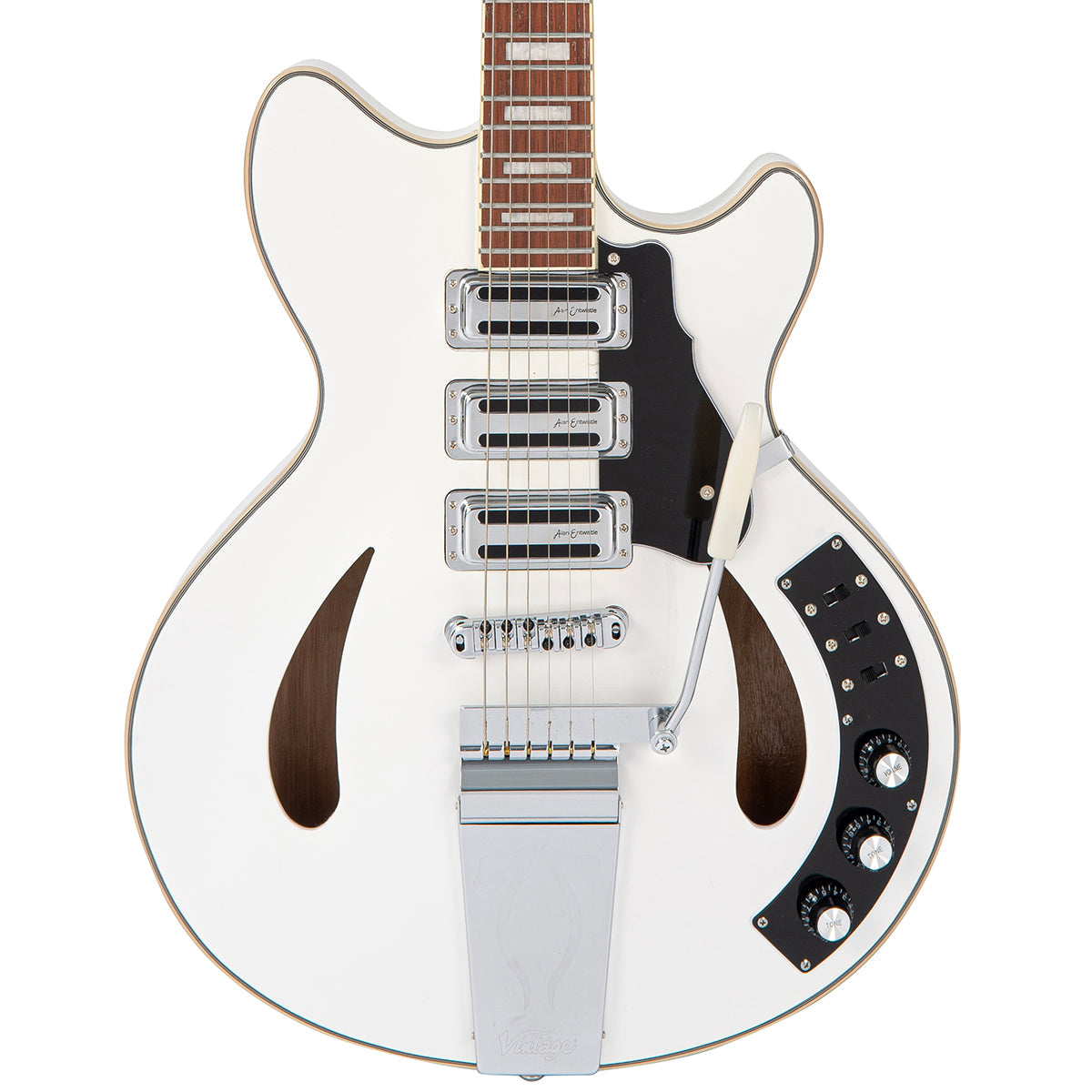 Vintage REVO Series 'Custom Supreme' Semi-Acoustic Guitar ~ Arctic White VRS550AW, Electric Guitar for sale at Richards Guitars.