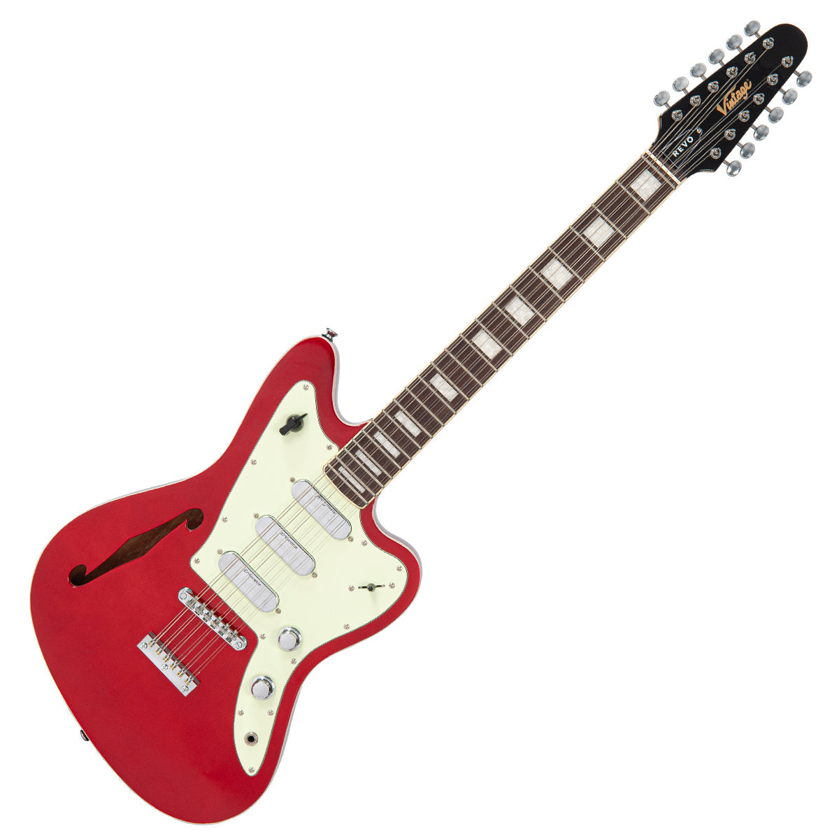 Vintage REVO Series 'Surfmaster Thinline 12' Electric Guitar ~ Candy Apple Red VRST6512CAR, Electric Guitar for sale at Richards Guitars.