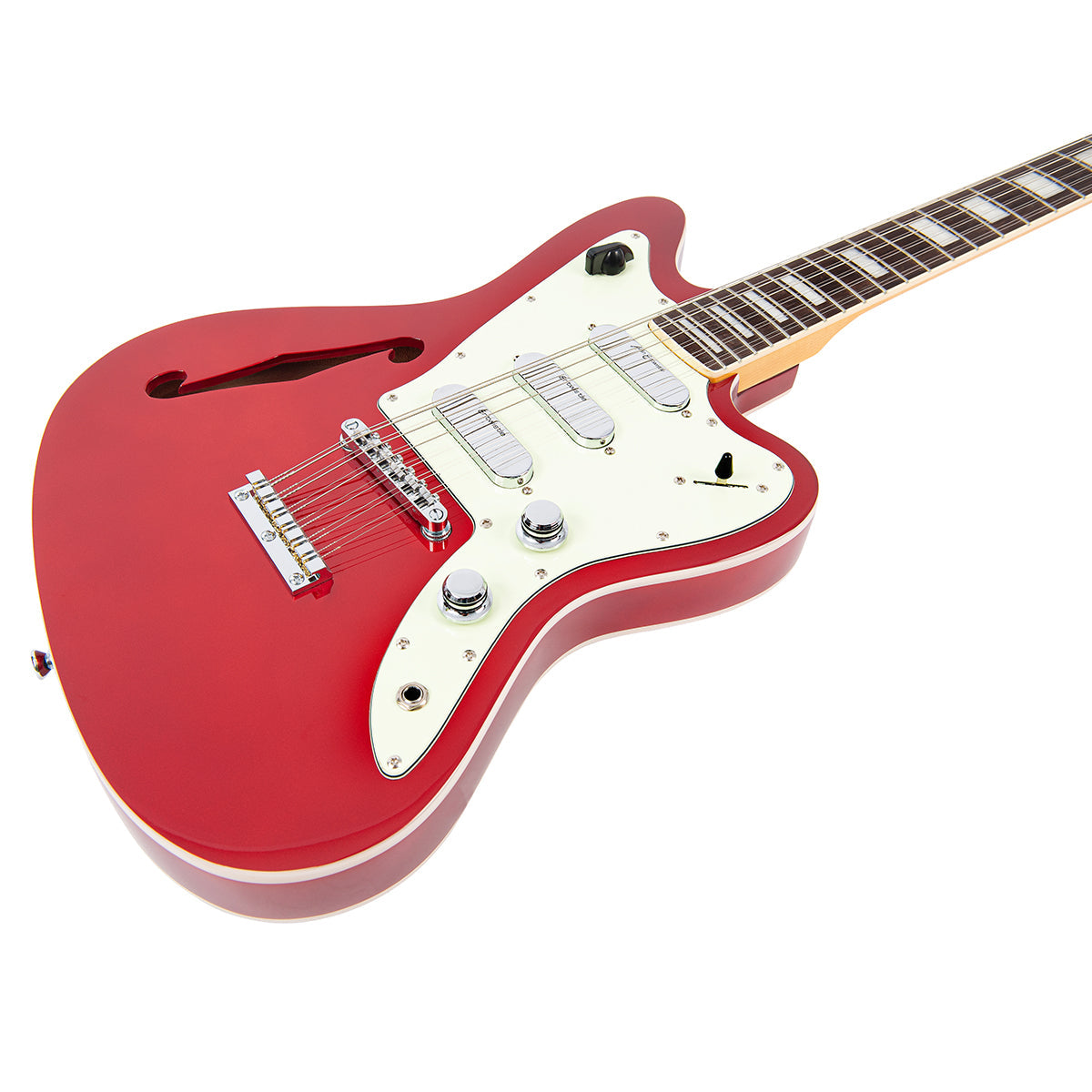 Vintage REVO Series 'Surfmaster Thinline 12' Electric Guitar ~ Candy Apple Red VRST6512CAR, Electric Guitar for sale at Richards Guitars.