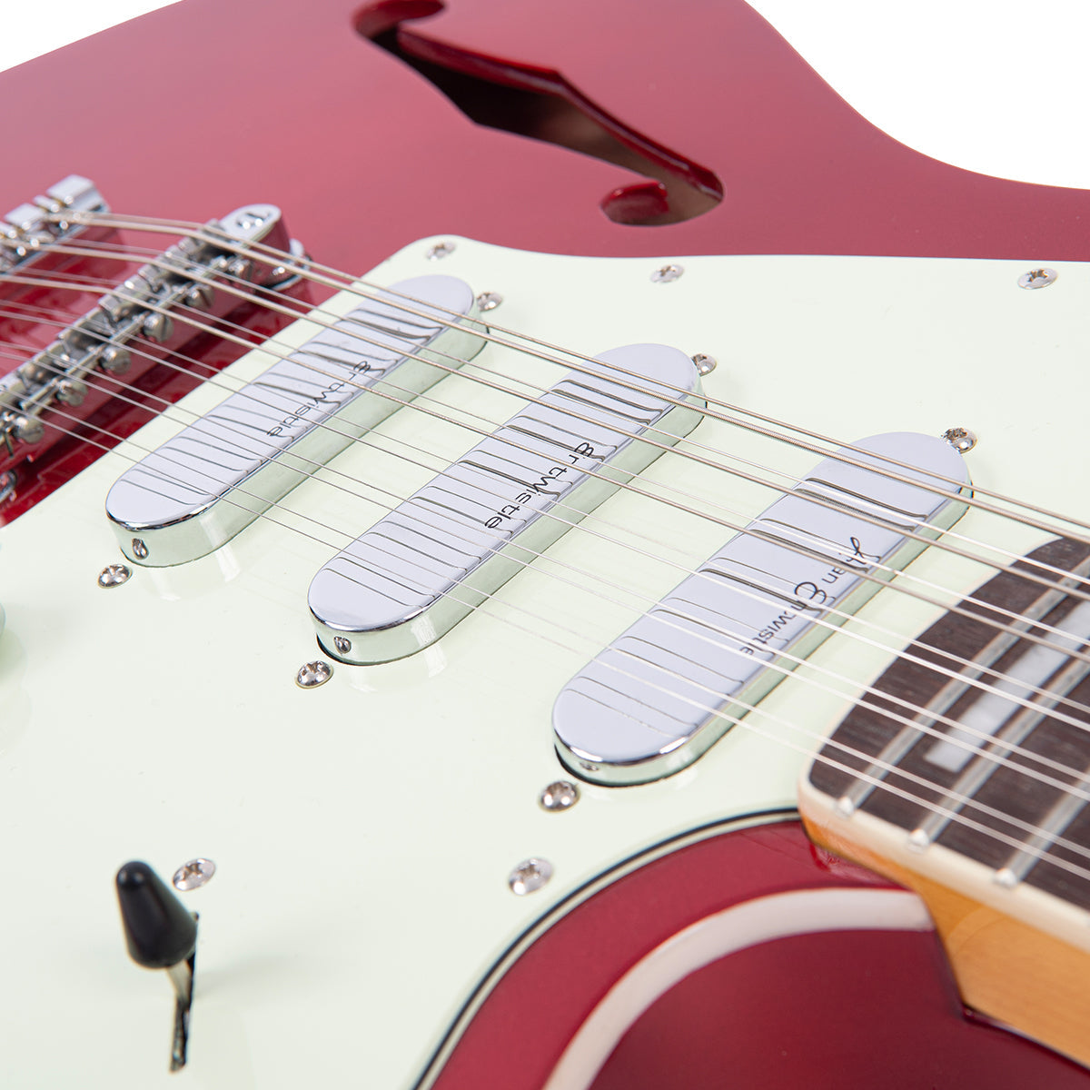 Vintage REVO Series 'Surfmaster Thinline 12' Electric Guitar ~ Candy Apple Red VRST6512CAR, Electric Guitar for sale at Richards Guitars.