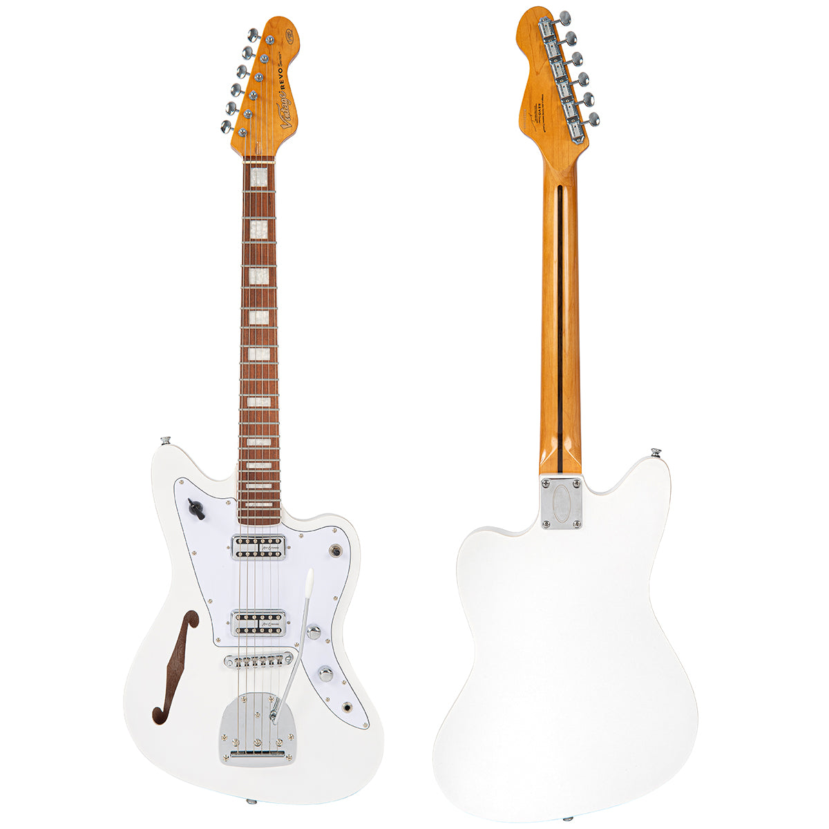 Vintage REVO Series 'Surfmaster Thinline' Twin Electric Guitar ~ Arctic White, Electric Guitar for sale at Richards Guitars.