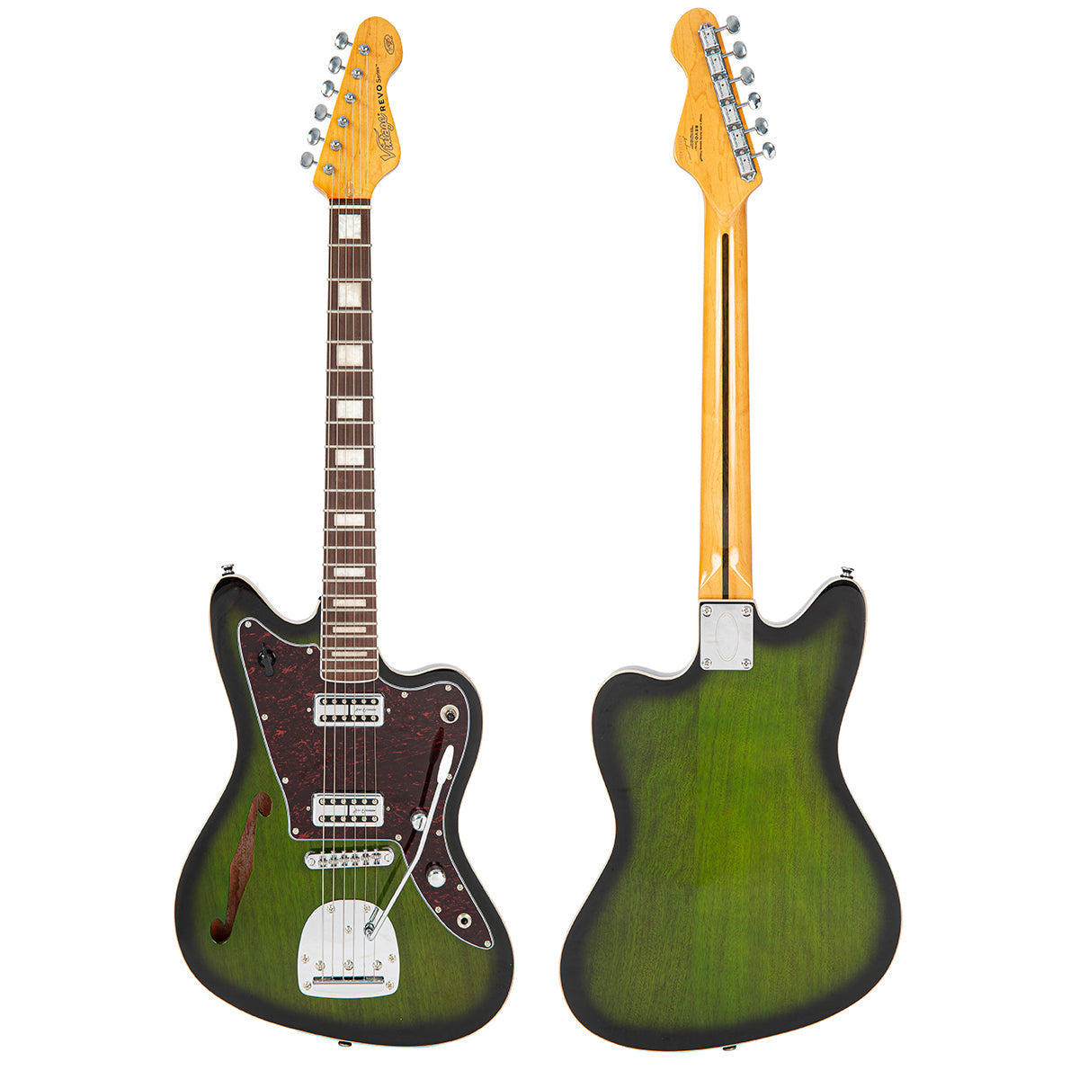 Vintage REVO Series 'Surfmaster Thinline' Twin Electric Guitar ~ Greenburst VRS652GB, Electric Guitar for sale at Richards Guitars.