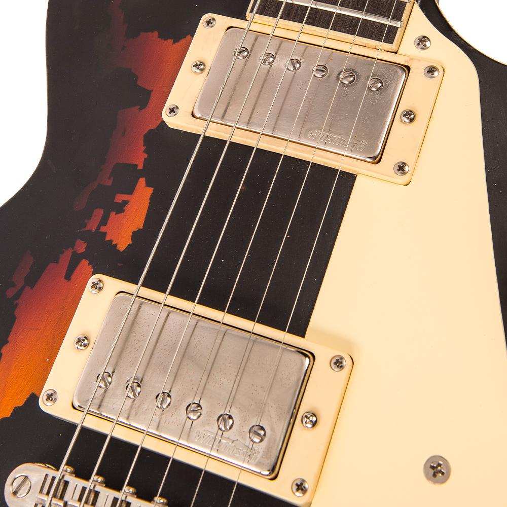 Vintage V100MRBK ICON Electric Guitar ~ Distressed Black Over Sunburst, Electric Guitar for sale at Richards Guitars.