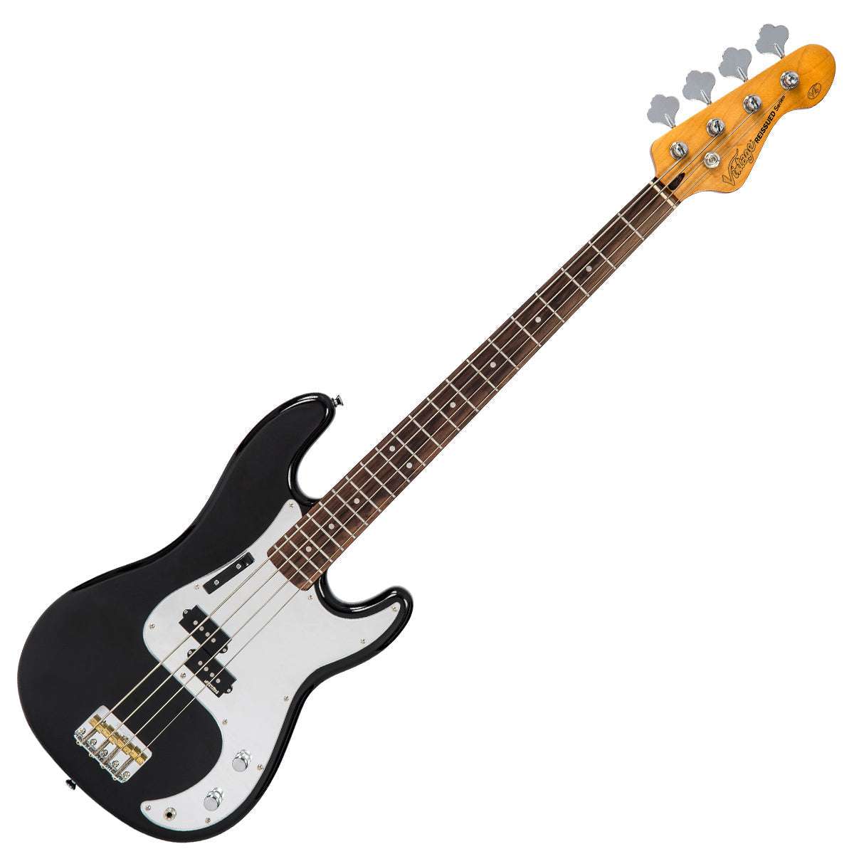 Vintage V4 ReIssued Bass Guitar ~ Rocker Black / Mirror Scratchplate, Bass Guitar for sale at Richards Guitars.