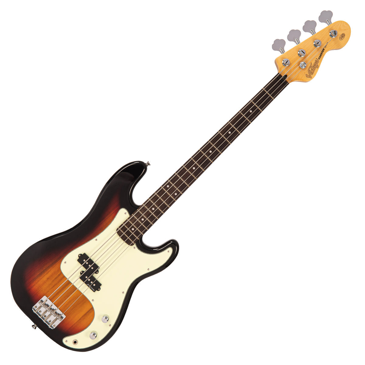 Vintage V40 Coaster Series Bass Guitar ~ 3 Tone Sunburst, Bass Guitar for sale at Richards Guitars.